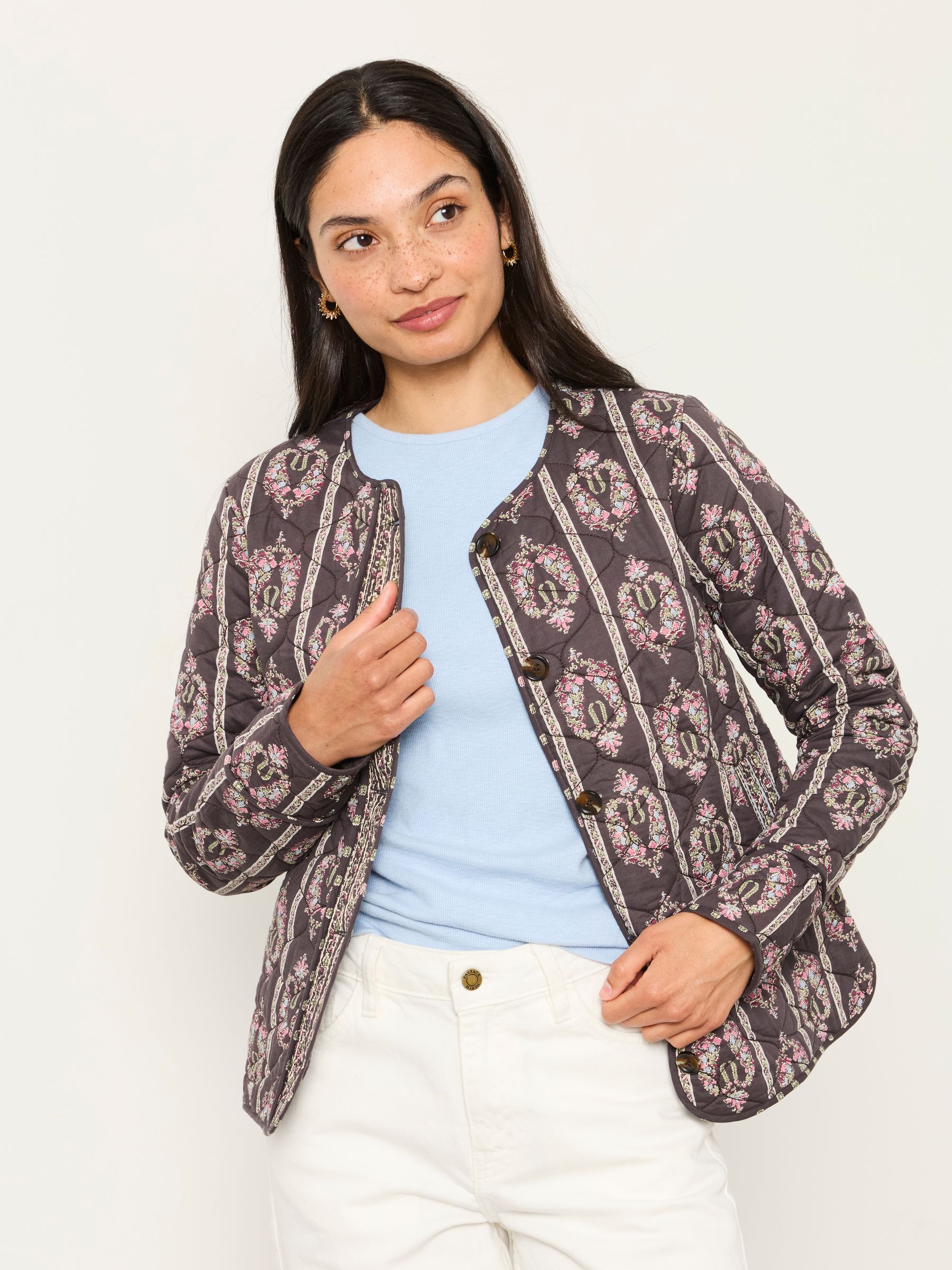 Grey Pink Paisley Petite Quilted Jacket - Image 1 of 6 Grey Pink Paisley Petite Quilted Jacket - Image 1 of 6
