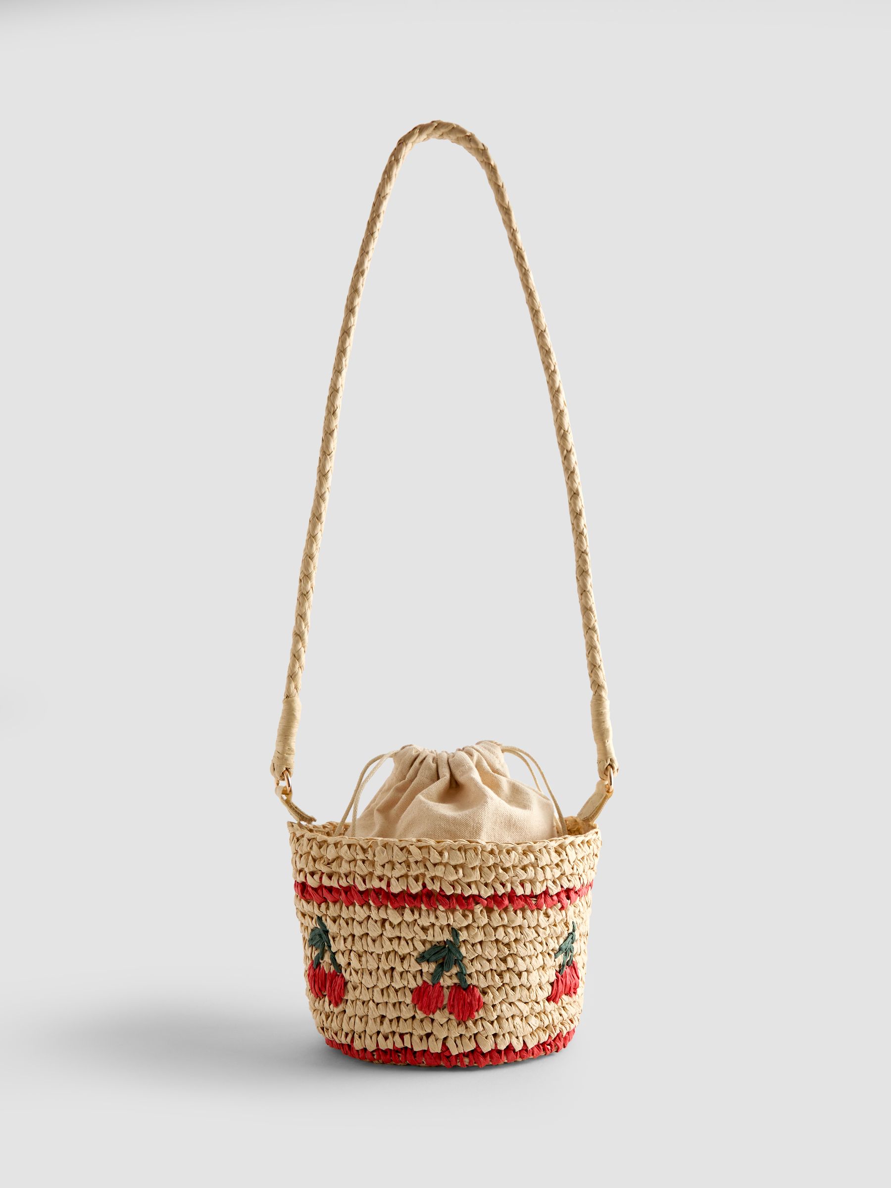 Natural Cherry Embroiderd Woven Bag - Image 2 of 5 Natural Cherry Embroiderd Woven Bag - Image 2 of 5