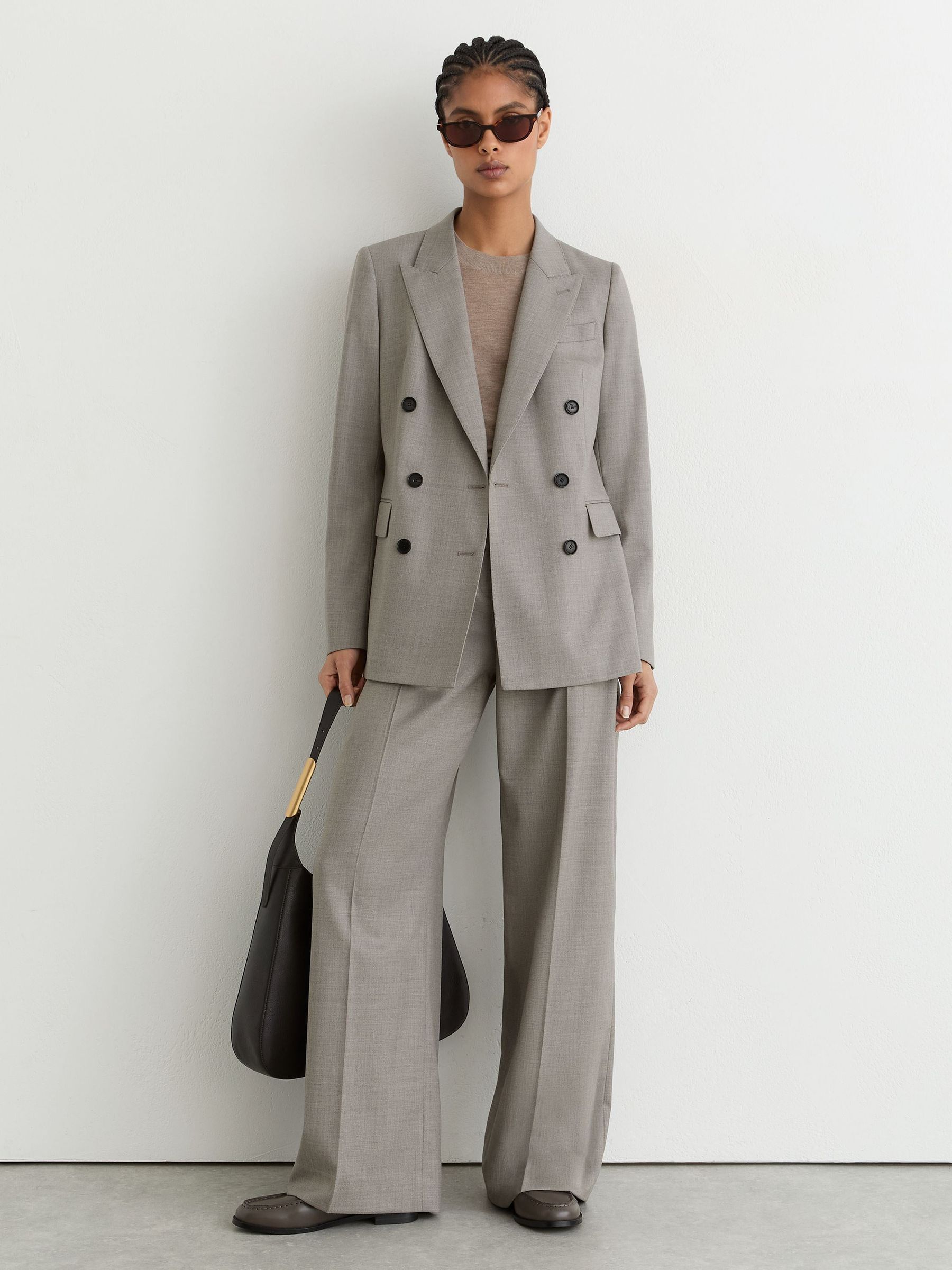 Petite Wool-Blend Double-Breasted Blazer in Light Grey - Image 1 of 9