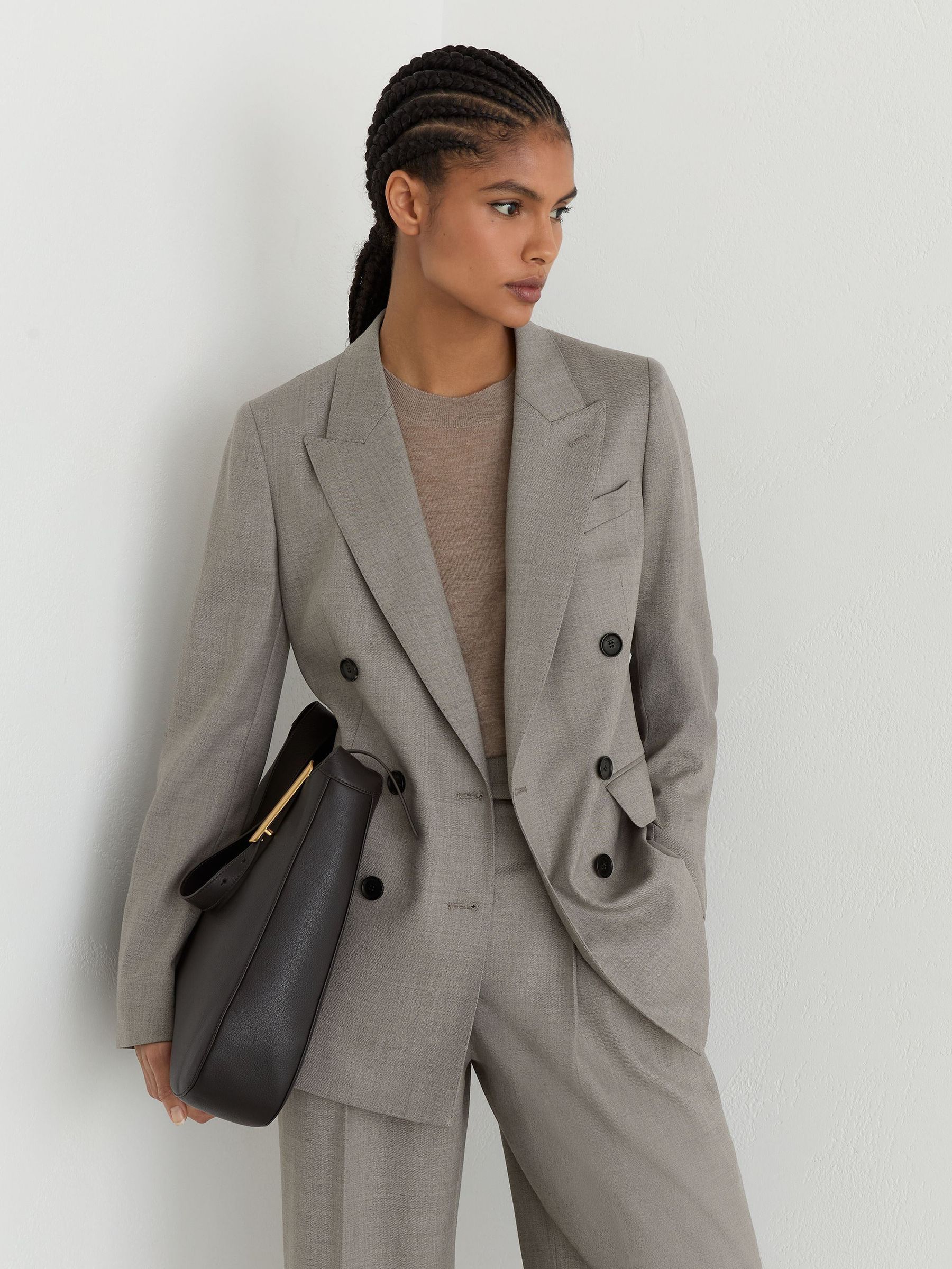 Petite Wool-Blend Double-Breasted Blazer in Light Grey - Image 3 of 9