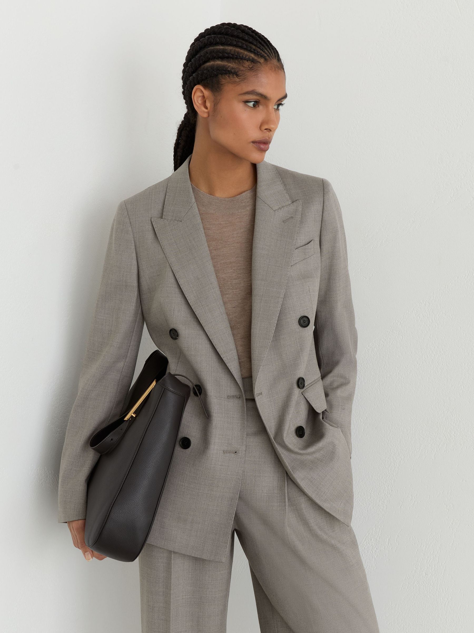 Wool-Blend Double-Breasted Blazer in Light Grey - Image 1 of 8 Wool-Blend Double-Breasted Blazer in Light Grey - Image 1 of 8