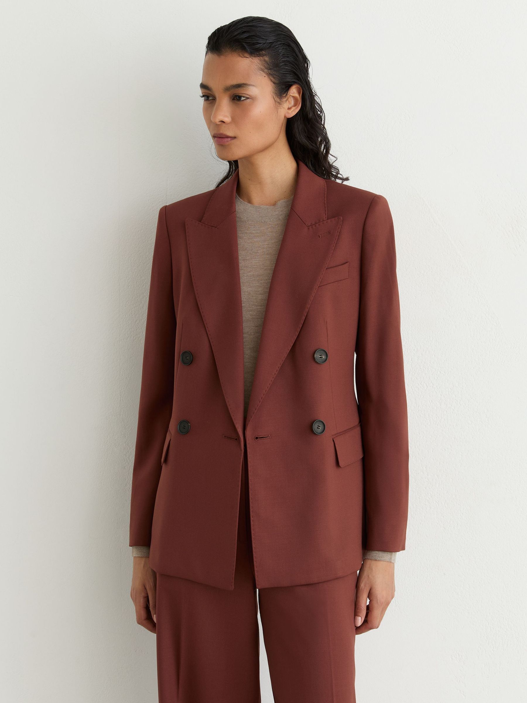 Wool-Blend Double-Breasted Suit Blazer in Brick Red - Image 7 of 10