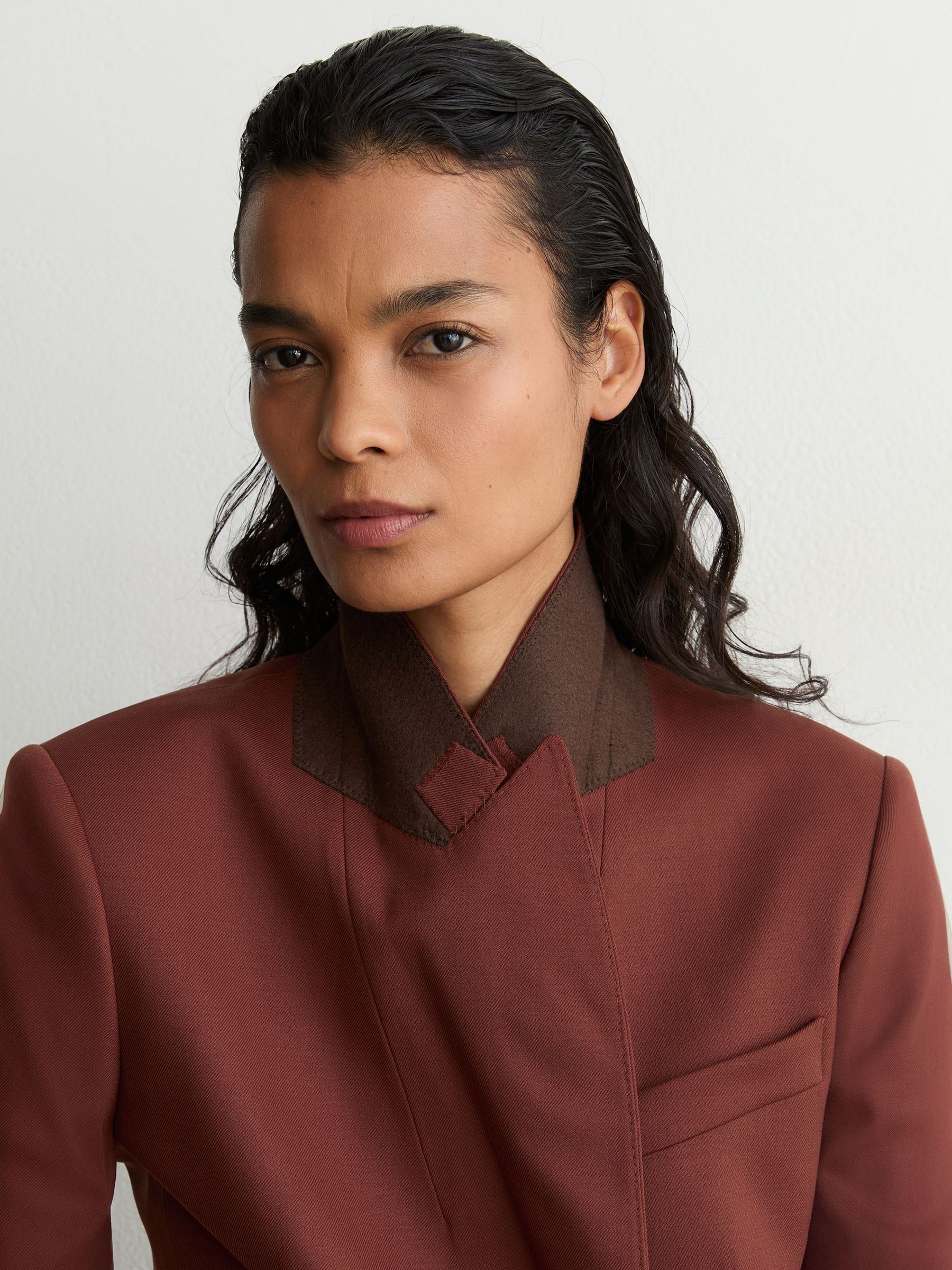 Wool-Blend Double-Breasted Suit Blazer in Brick Red - Image 8 of 10