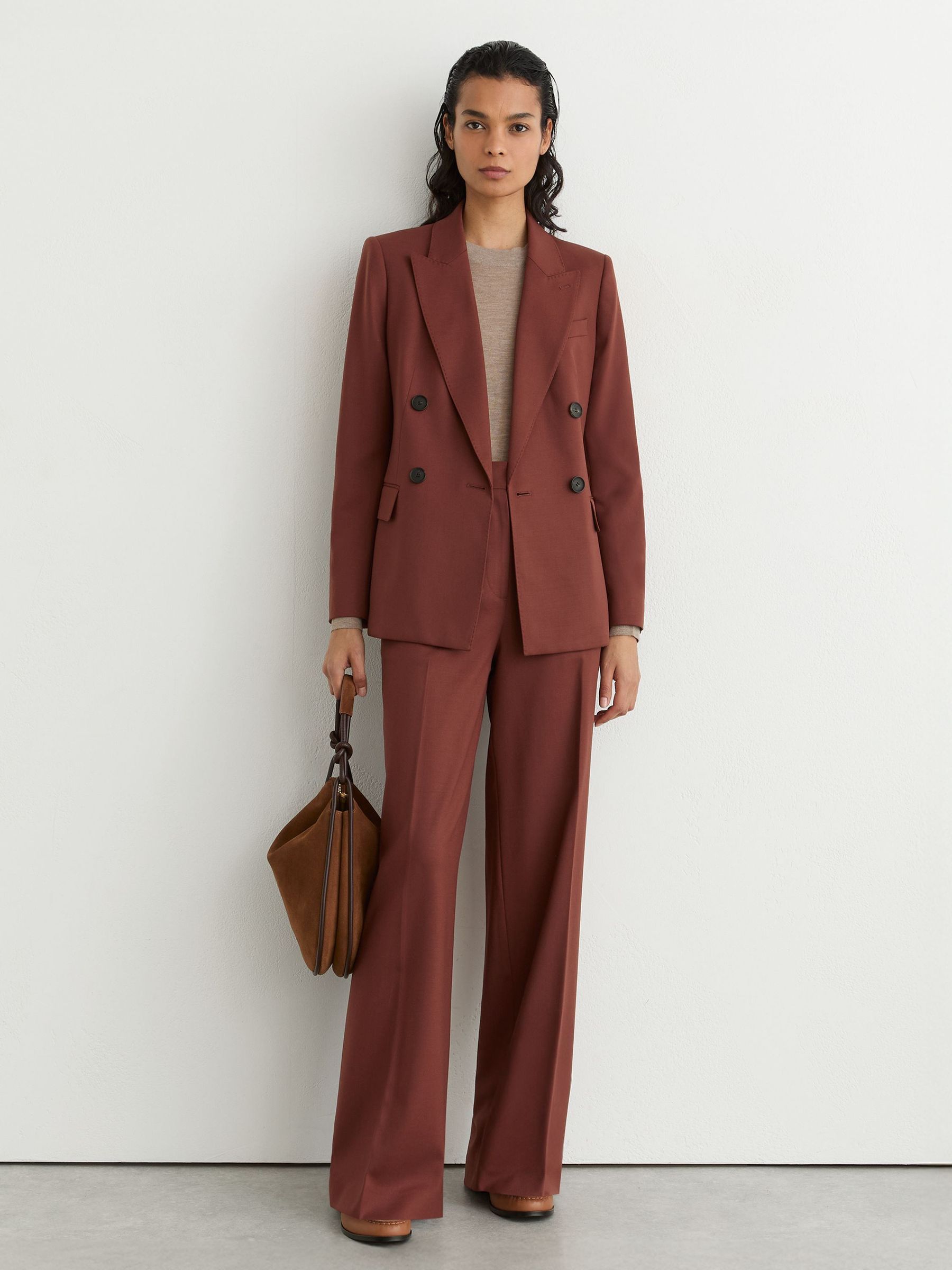 Wool-Blend Double-Breasted Suit Blazer in Brick Red - Image 9 of 10