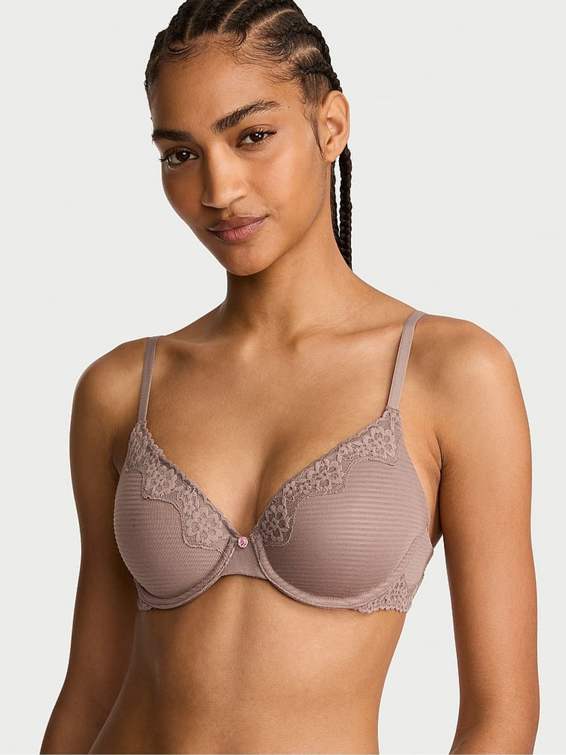 Iced Coffee Brown Lightly Lined Full Cup Cotton Stripe Lace Trim Bra - Image 1 of 2 Iced Coffee Brown Lightly Lined Full Cup Cotton Stripe Lace Trim Bra - Image 1 of 2
