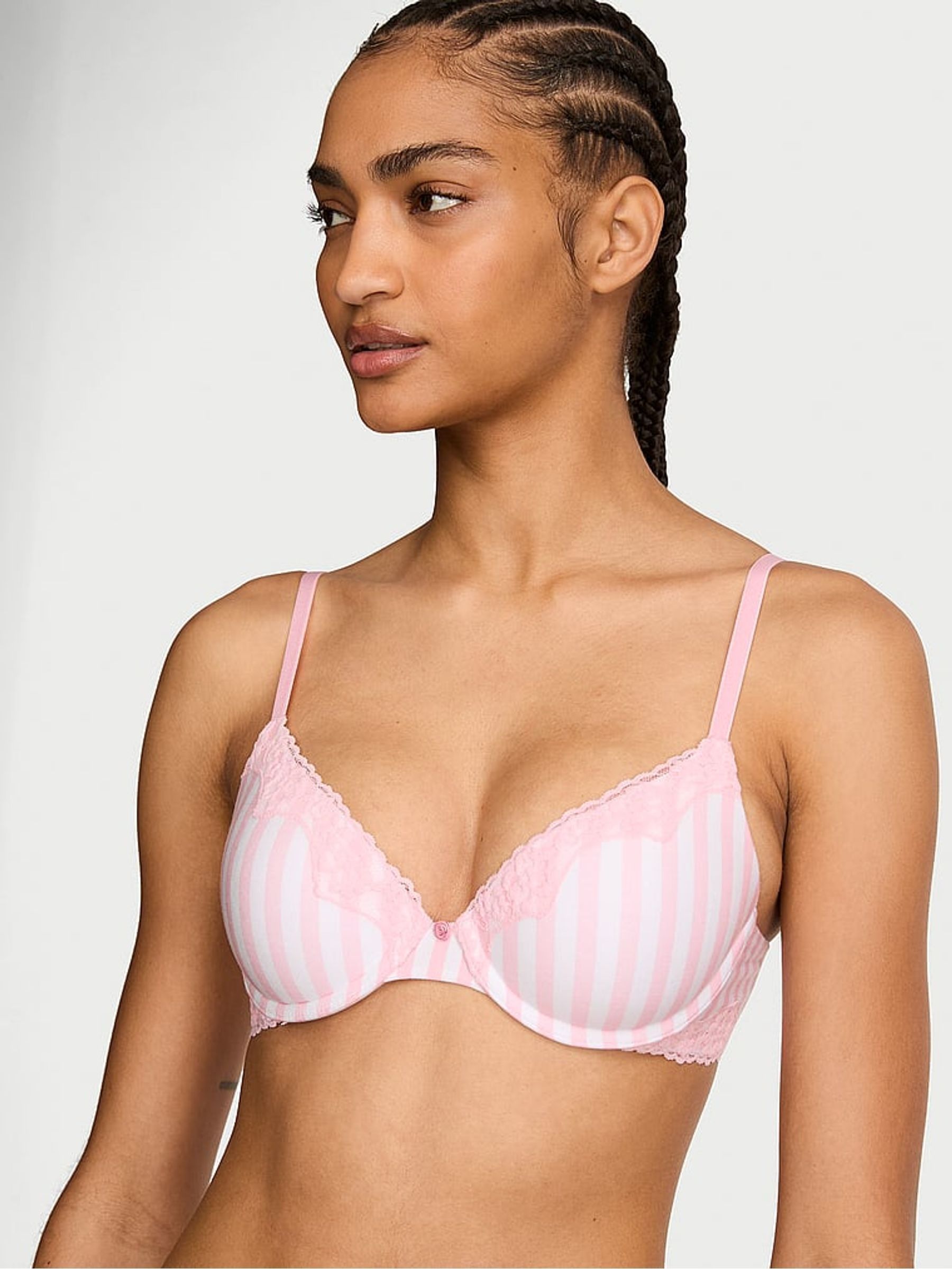 Pretty Blossom Pink Stripes Lightly Lined Demi Cotton Lace Trim Bra - Image 1 of 2 Pretty Blossom Pink Stripes Lightly Lined Demi Cotton Lace Trim Bra - Image 1 of 2