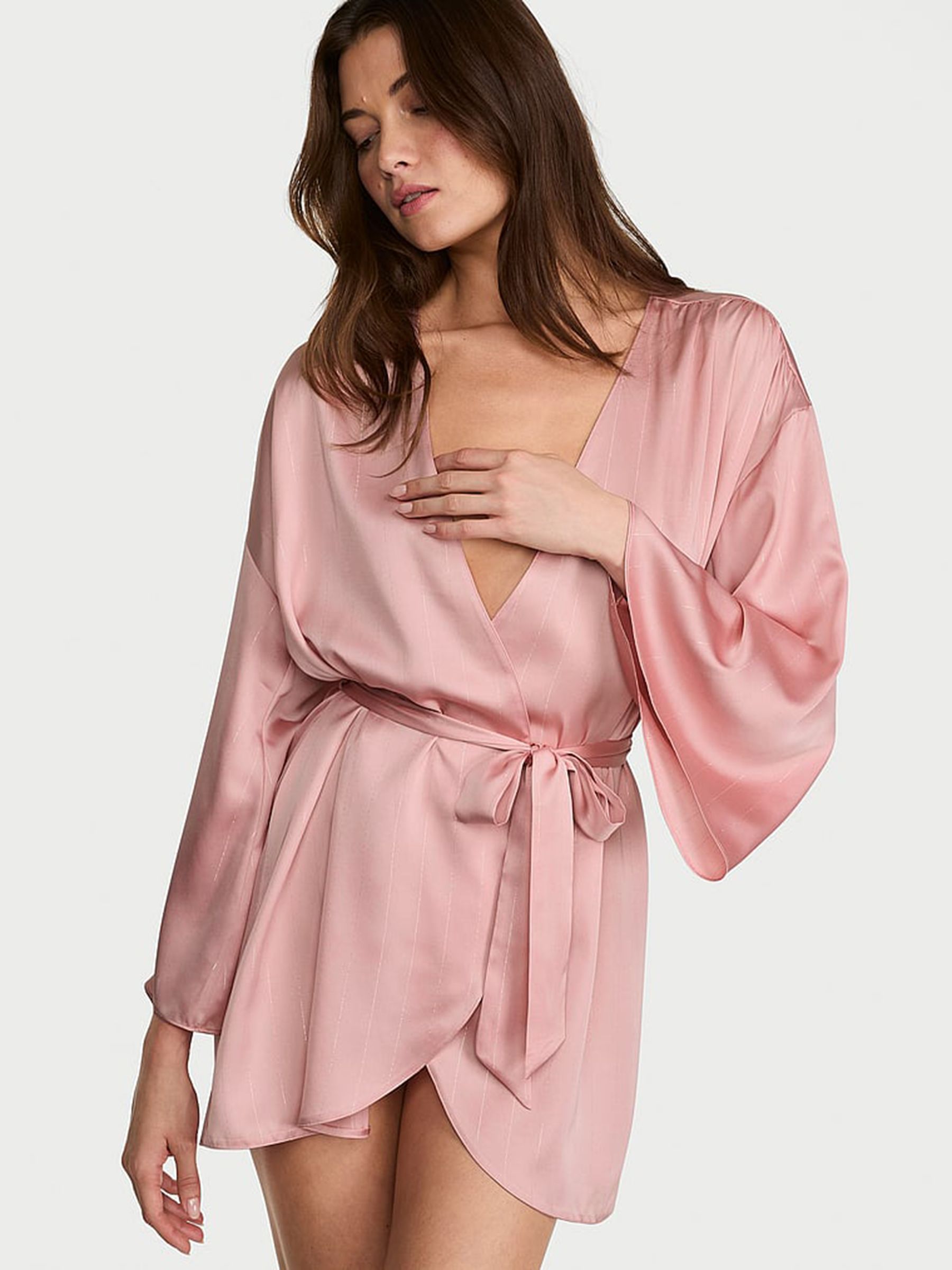 Chalk Rose Pink Shimmery Satin Short Robe - Image 1 of 2 Chalk Rose Pink Shimmery Satin Short Robe - Image 1 of 2