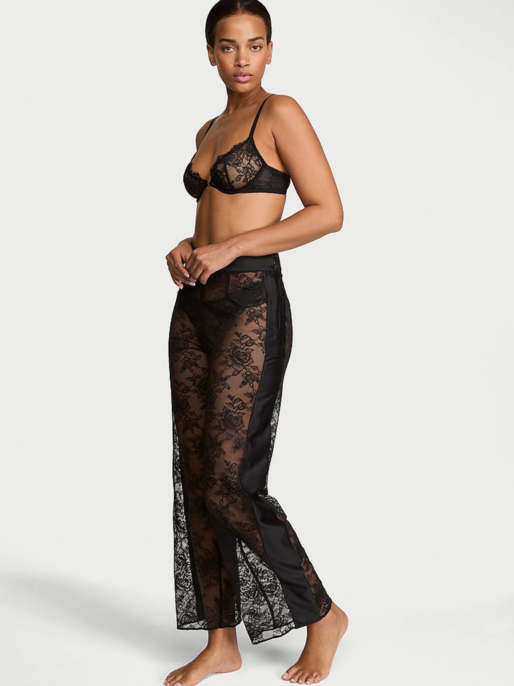 Black Lace & Satin Wide Leg Trousers - Image 1 of 2 Black Lace & Satin Wide Leg Trousers - Image 1 of 2
