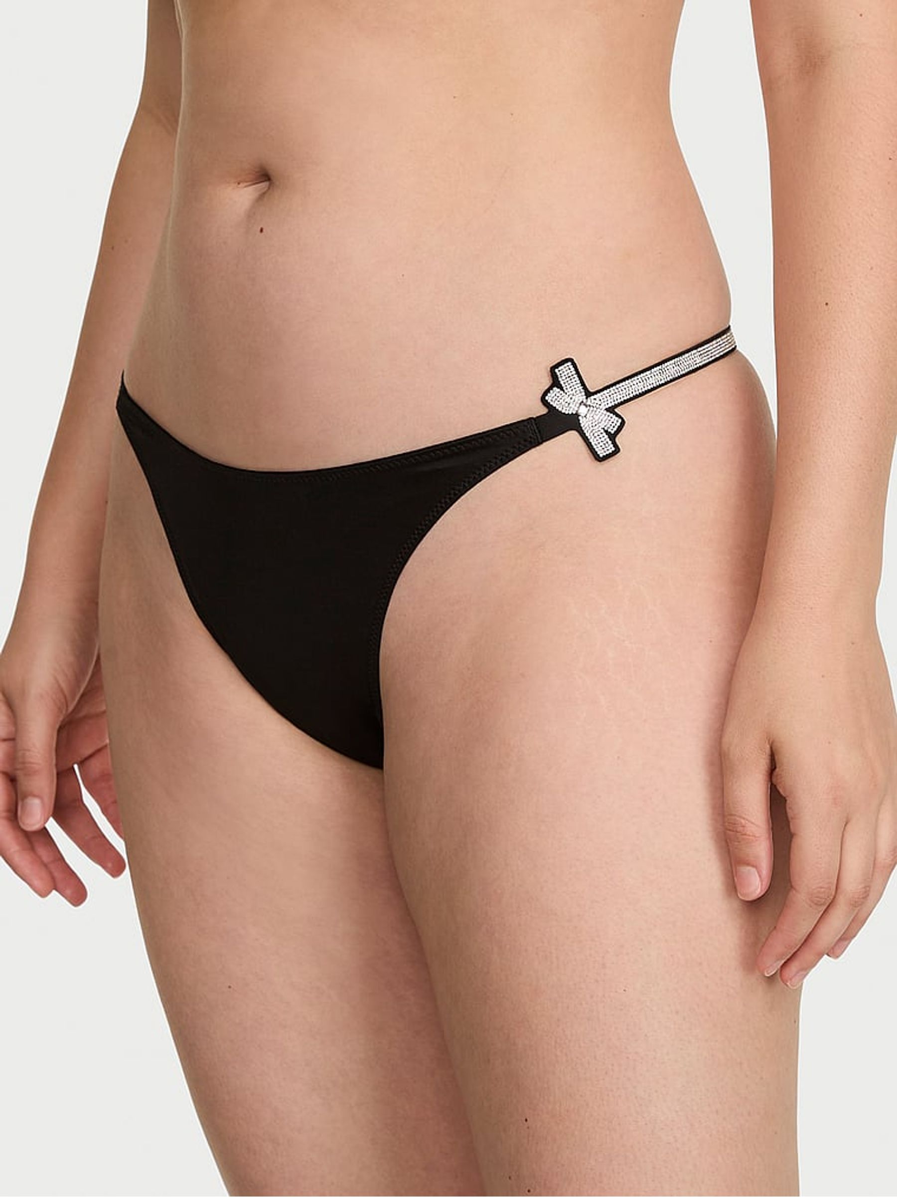 Black Thong Shine Bow Knickers - Image 1 of 2 Black Thong Shine Bow Knickers - Image 1 of 2