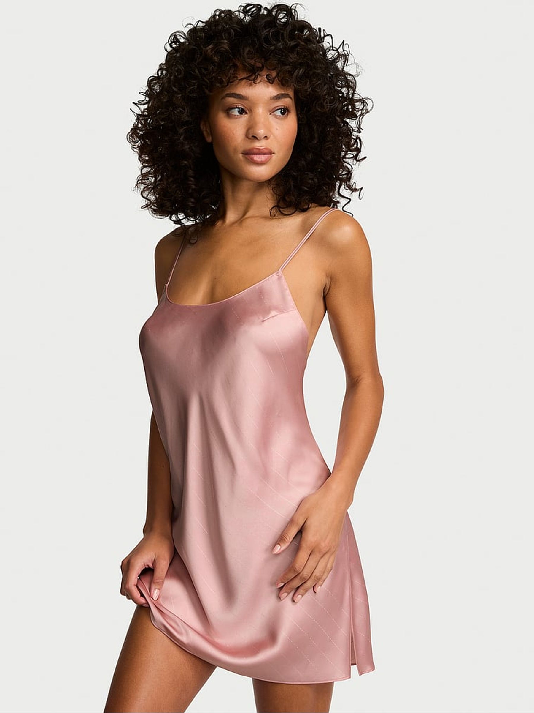 Chalk Rose Pink Shimmery Satin Open Back Slip - Image 1 of 2