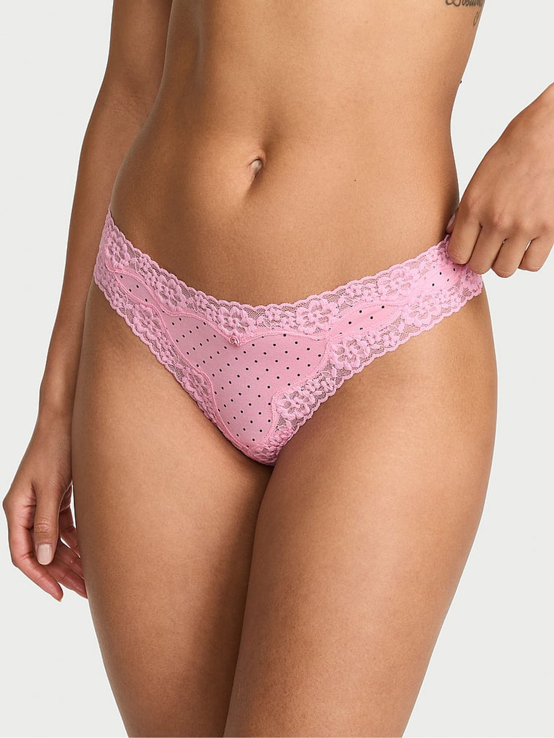 Victoria Pink Polka Dot Thong Cotton Lace Waist Knickers - Image 1 of 2