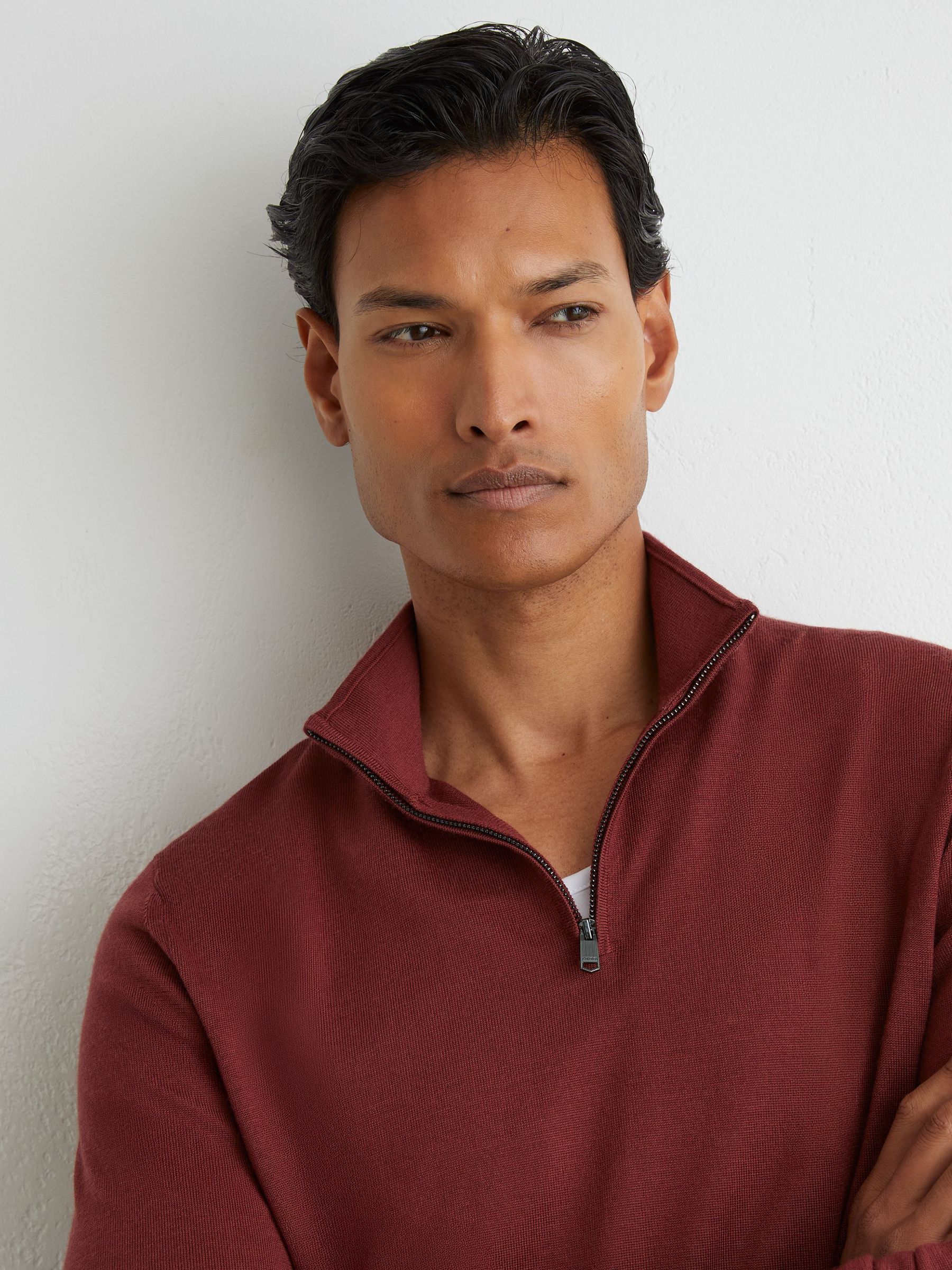 Merino Wool Half-Zip Funnel-Neck Jumper in Rooibos Red - Image 1 of 5