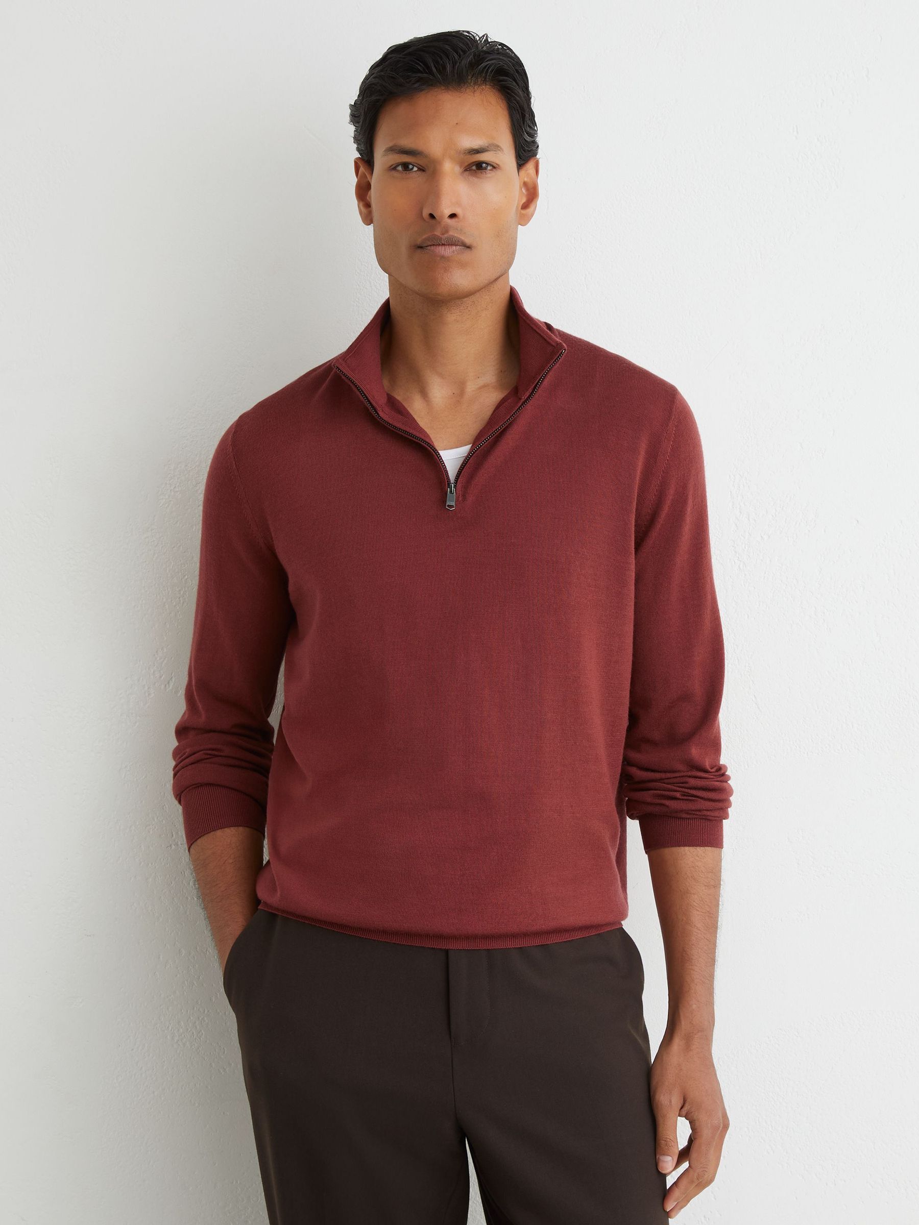 Merino Wool Half-Zip Funnel-Neck Jumper in Rooibos Red - Image 3 of 5
