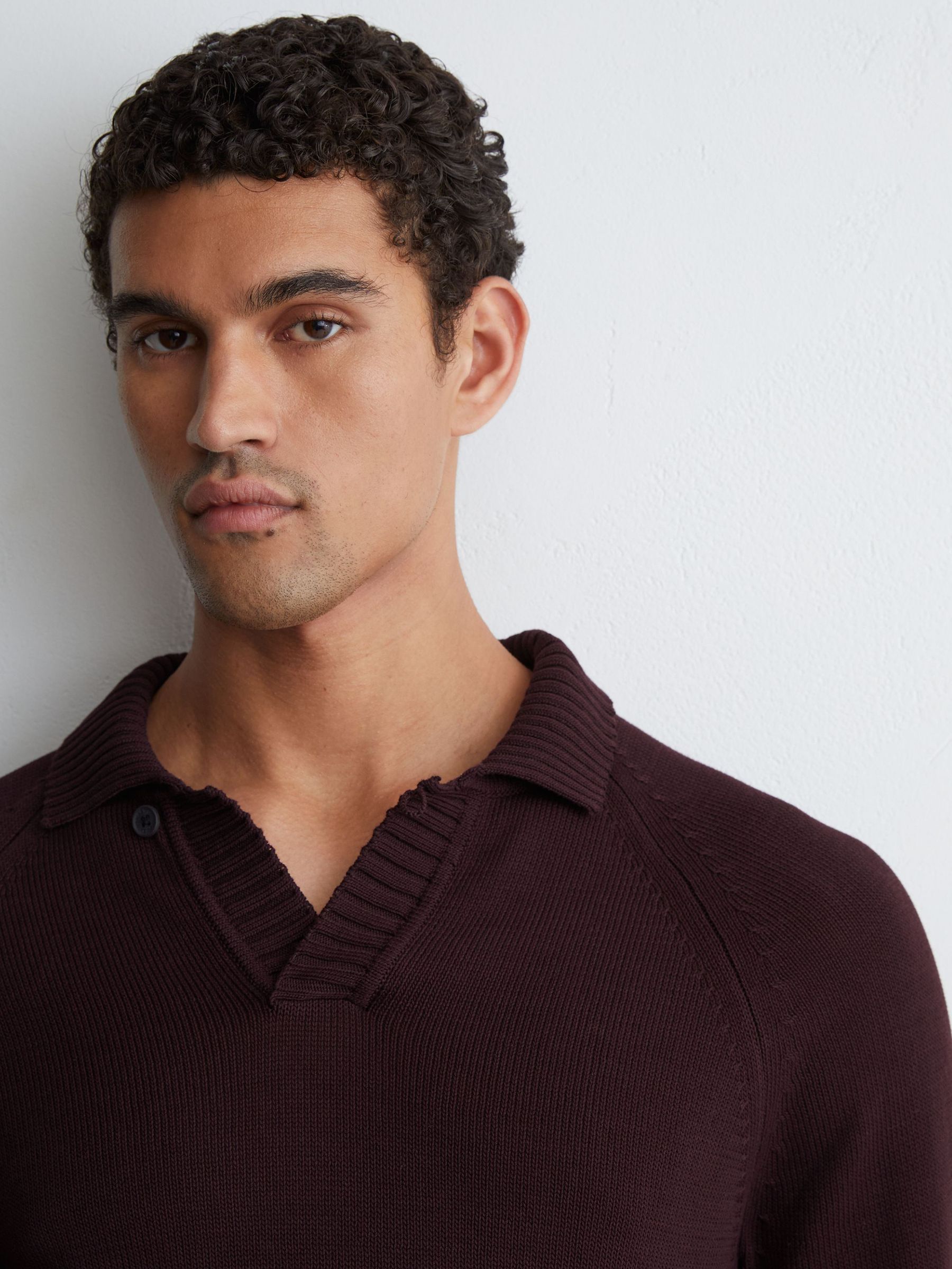 Cotton Open-Collar Polo Jumper in Bordeaux - Image 1 of 6
