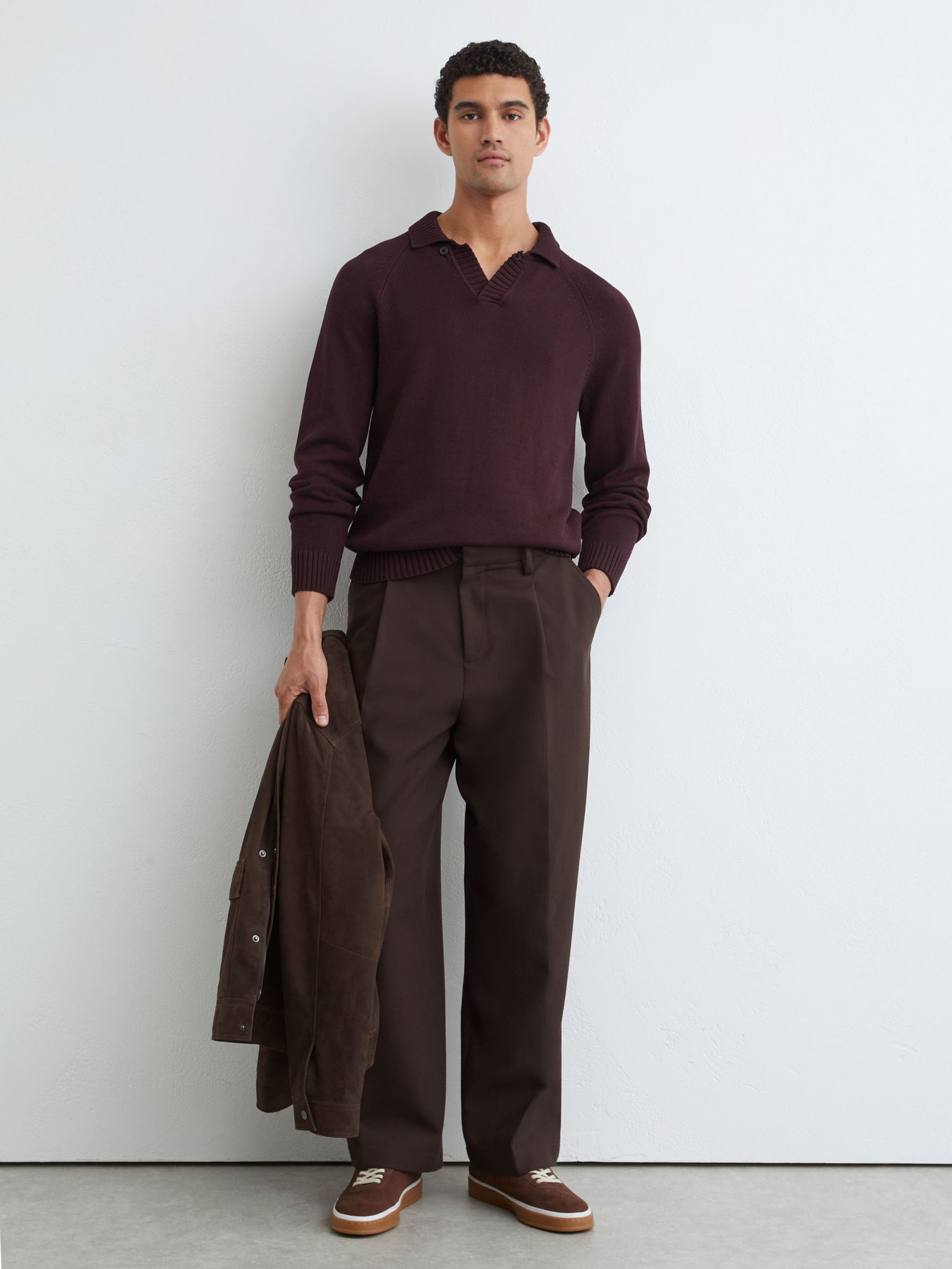Cotton Open-Collar Polo Jumper in Bordeaux - Image 3 of 6
