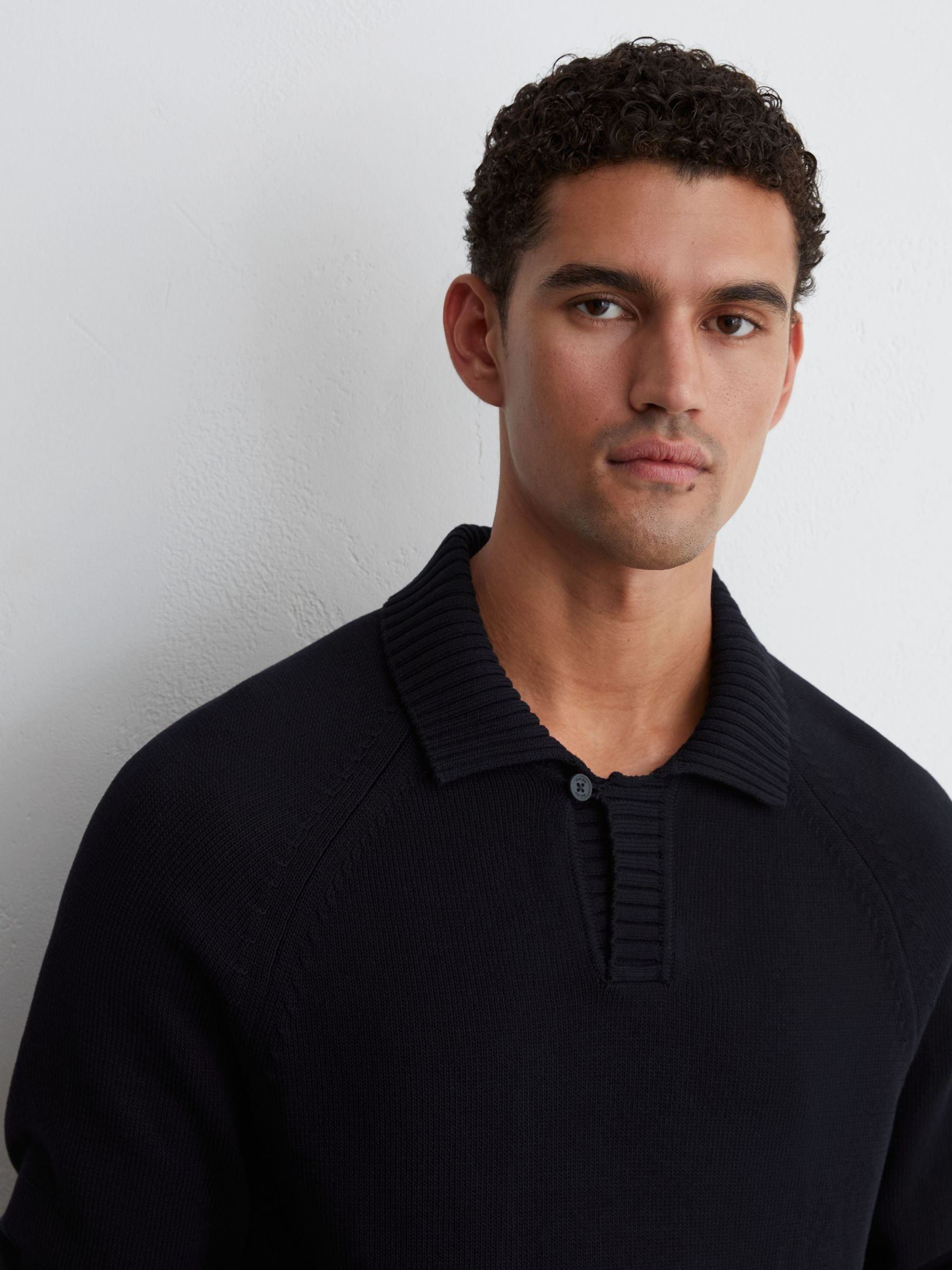 Cotton Open-Collar Polo Jumper in Navy - Image 3 of 6