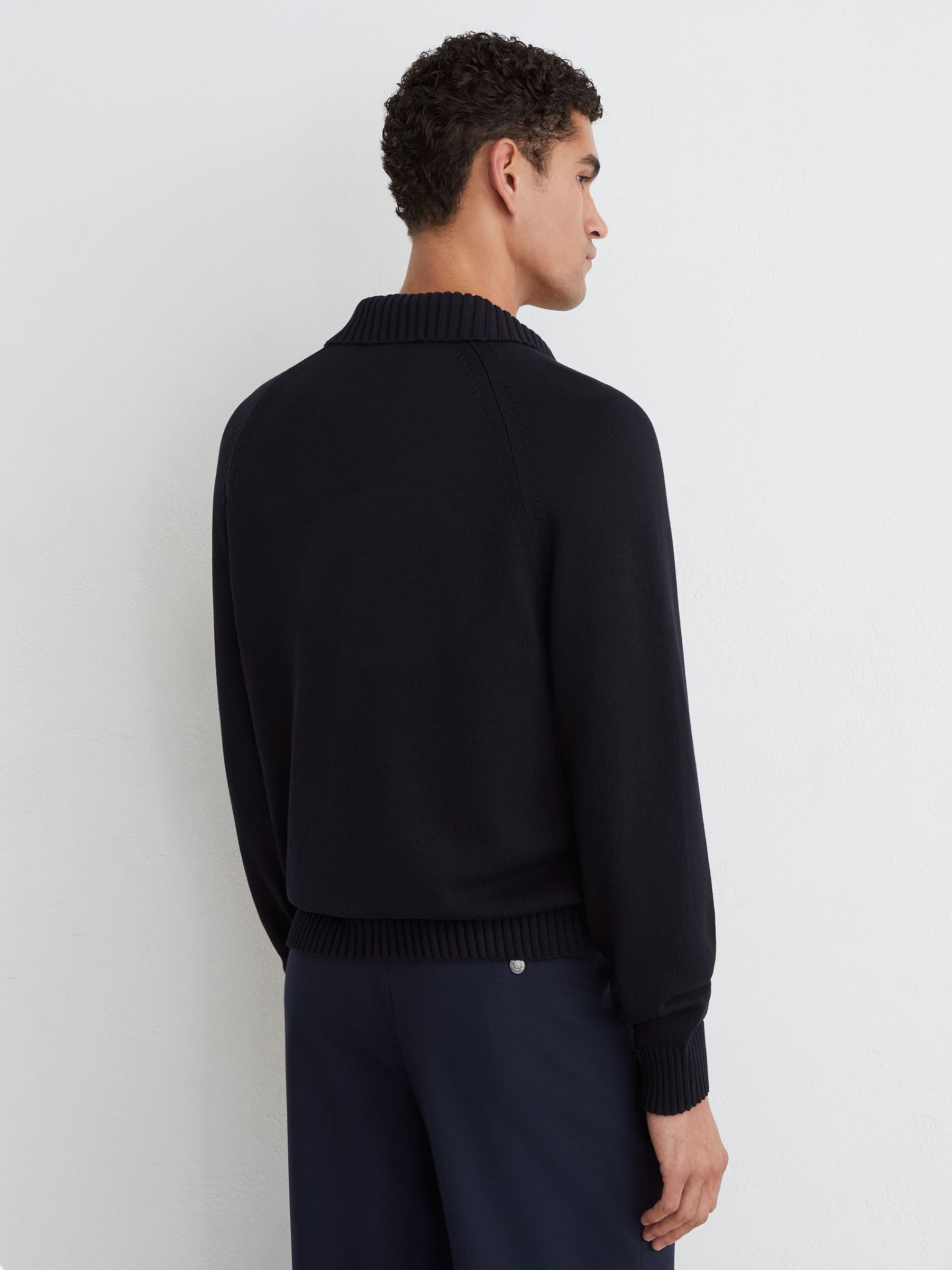 Cotton Open-Collar Polo Jumper in Navy - Image 4 of 6