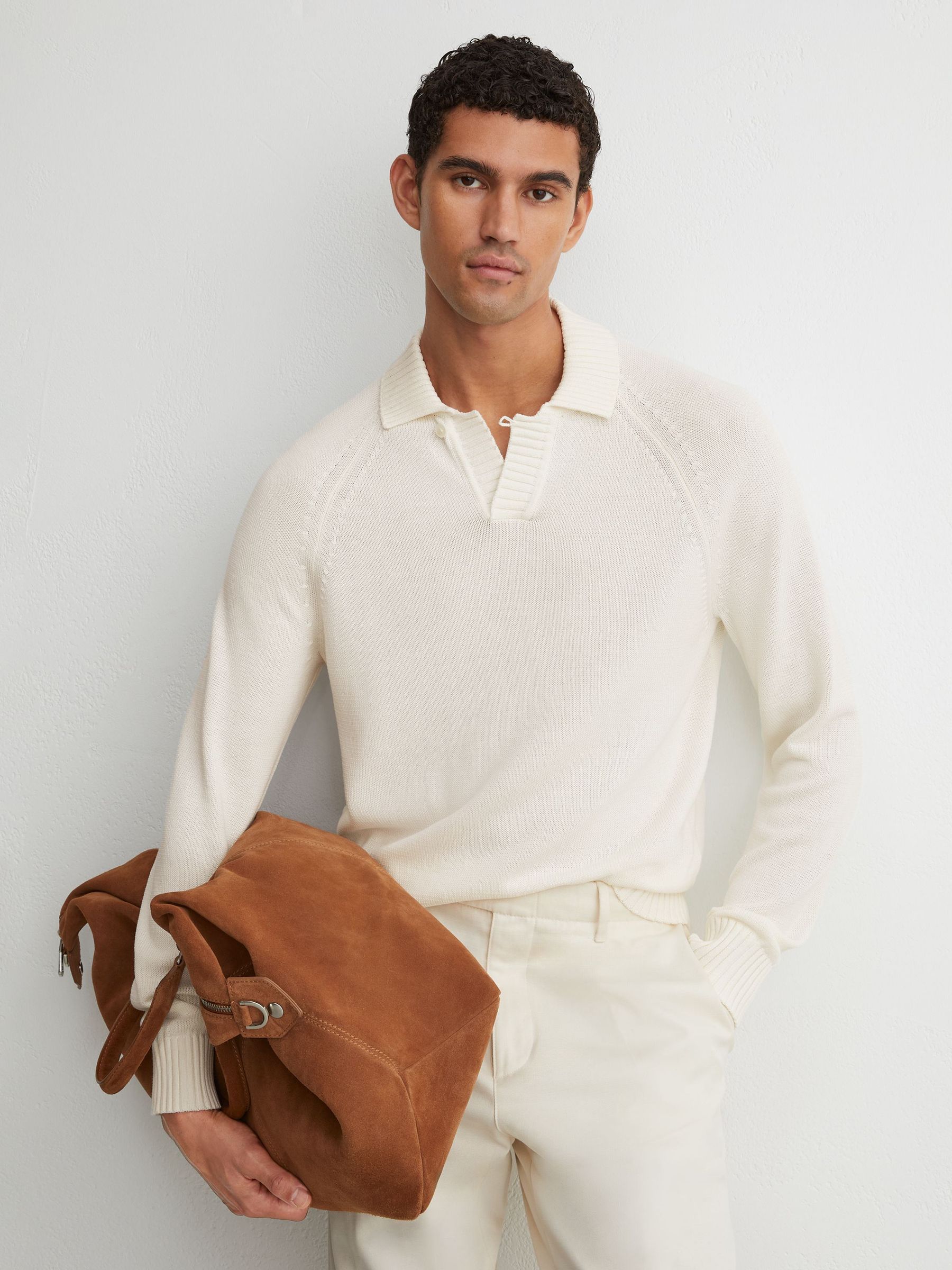 Cotton Open-Collar Polo Jumper in White - Image 1 of 7
