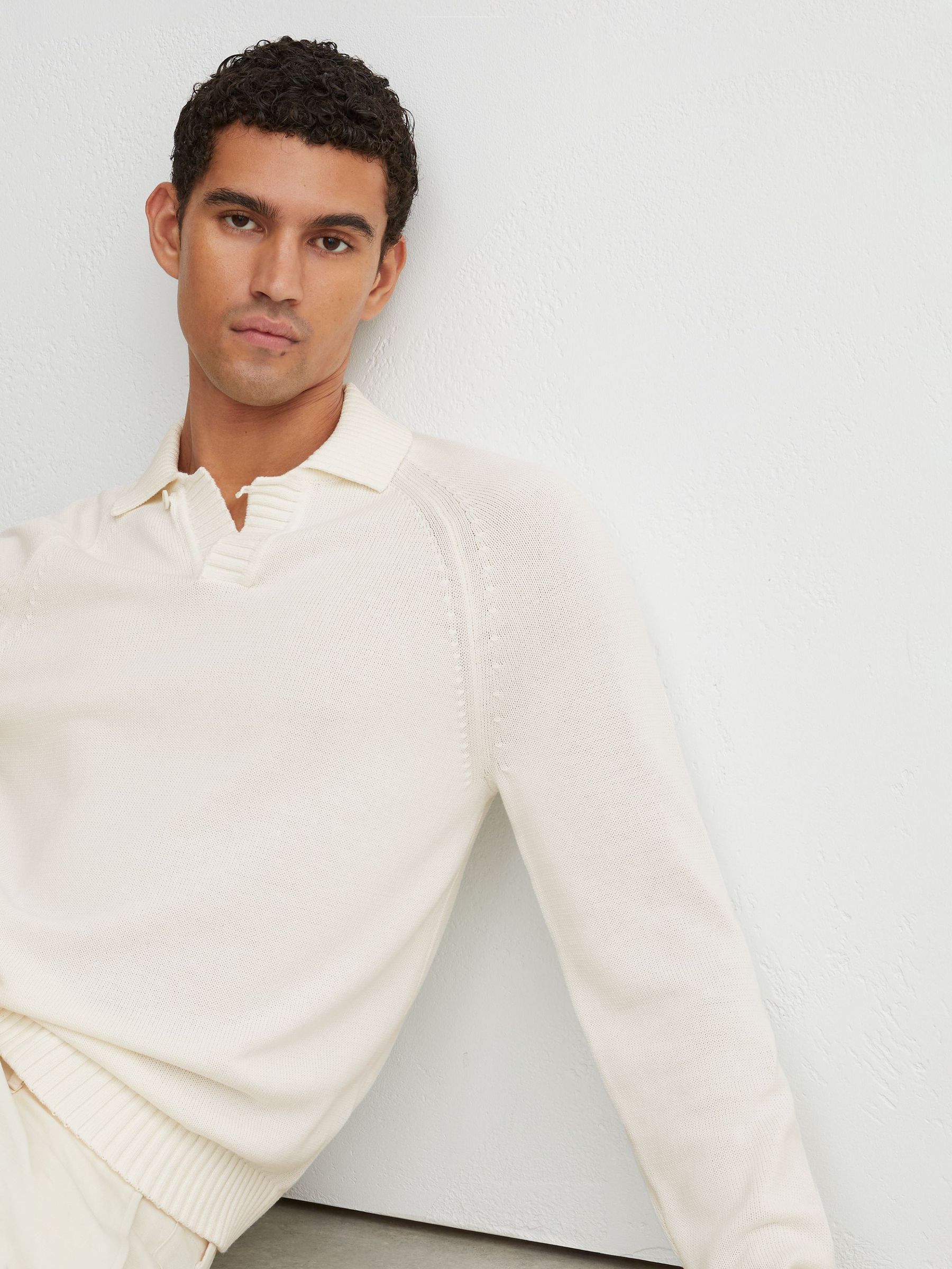 Cotton Open-Collar Polo Jumper in White - Image 5 of 7