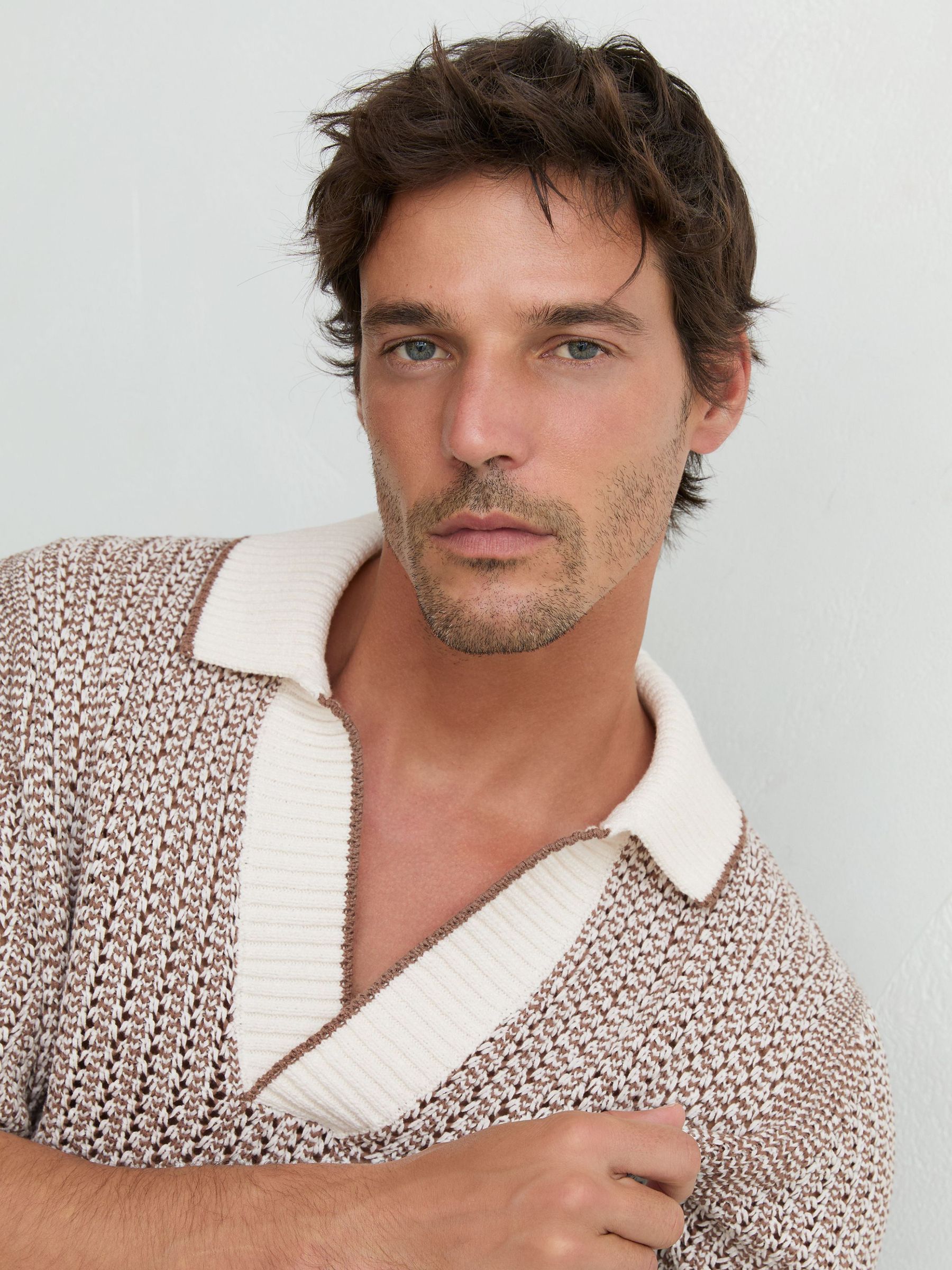 Cotton-Blend Crochet Open-Collar Polo in Tobacco Brown/Ecru - Image 1 of 6
