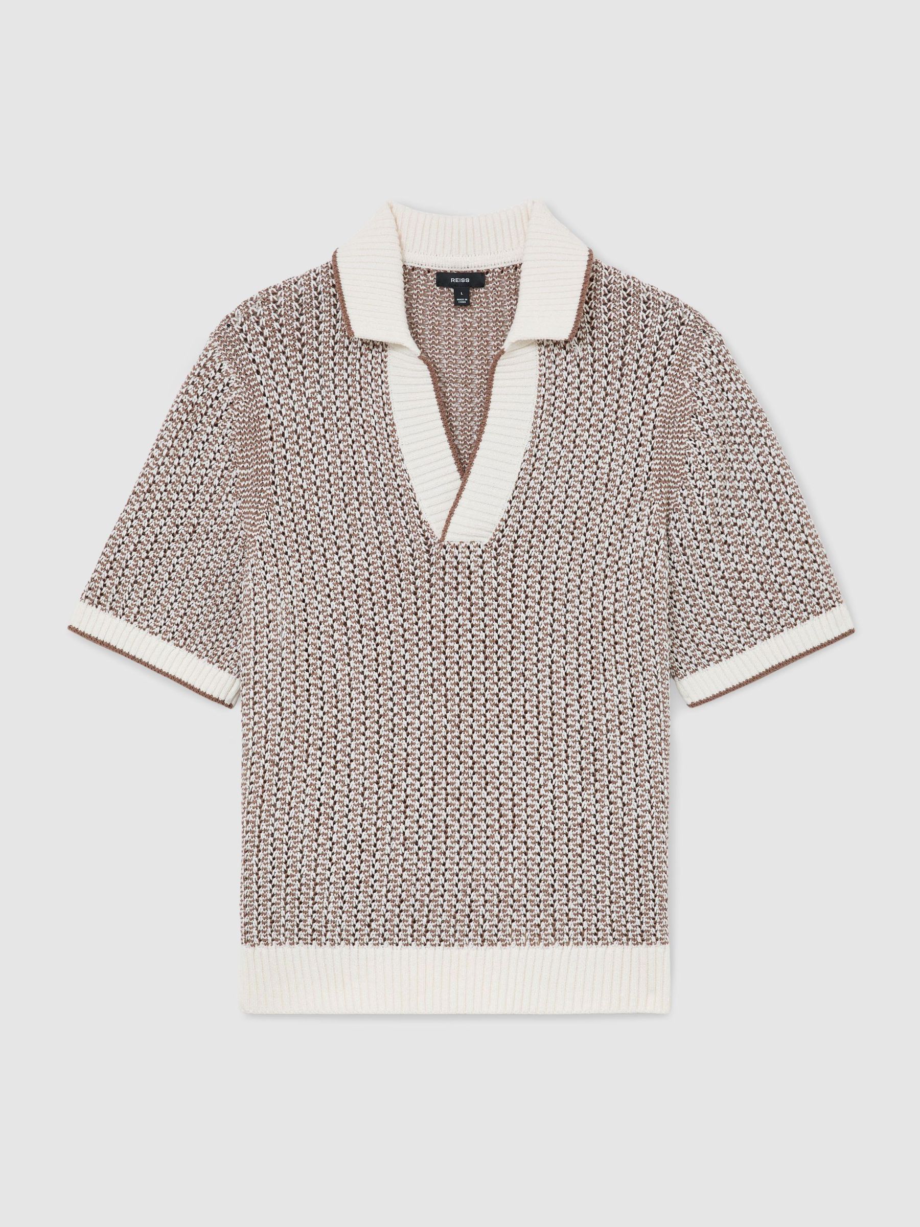 Cotton-Blend Crochet Open-Collar Polo in Tobacco Brown/Ecru - Image 2 of 6