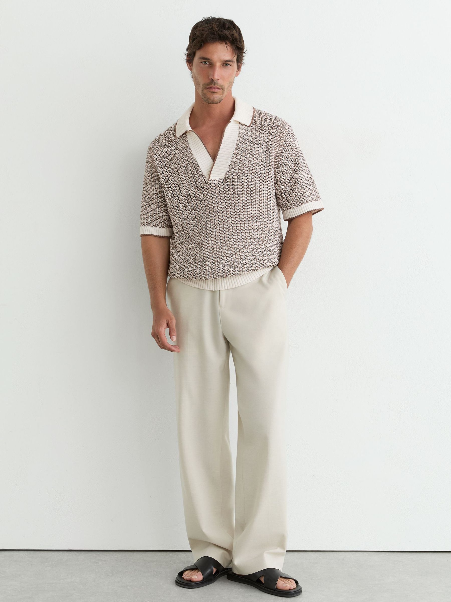 Reiss Cotton-Blend Crochet Open-Collar Polo in Tobacco Brown/Ecru