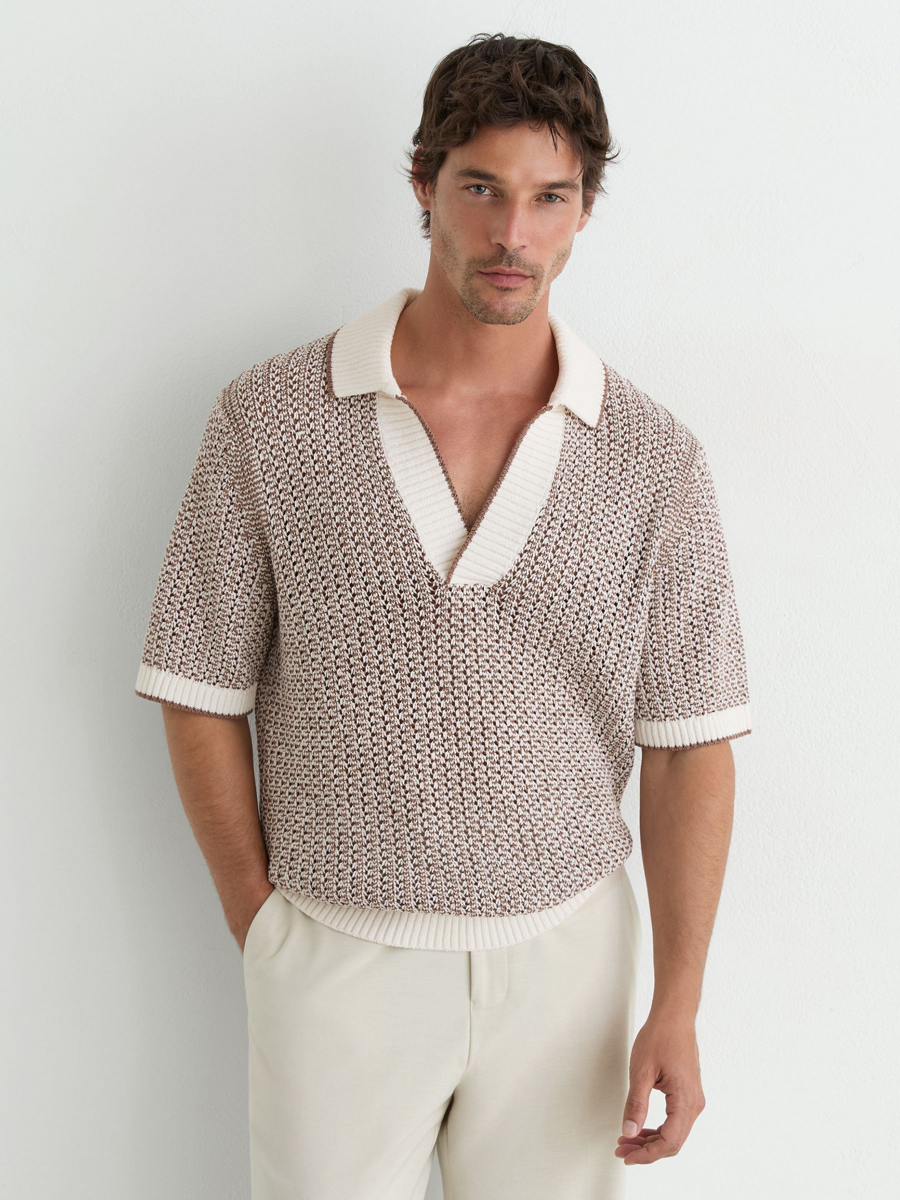 Cotton-Blend Crochet Open-Collar Polo in Tobacco Brown/Ecru - Image 4 of 6