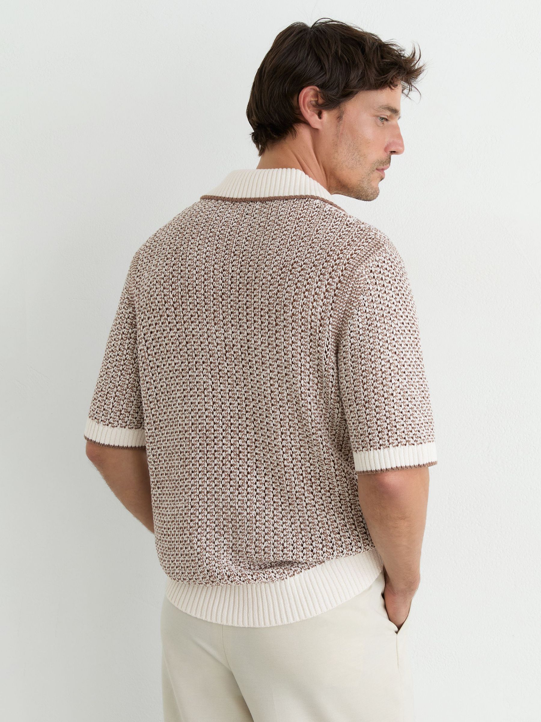 Cotton-Blend Crochet Open-Collar Polo in Tobacco Brown/Ecru - Image 5 of 6