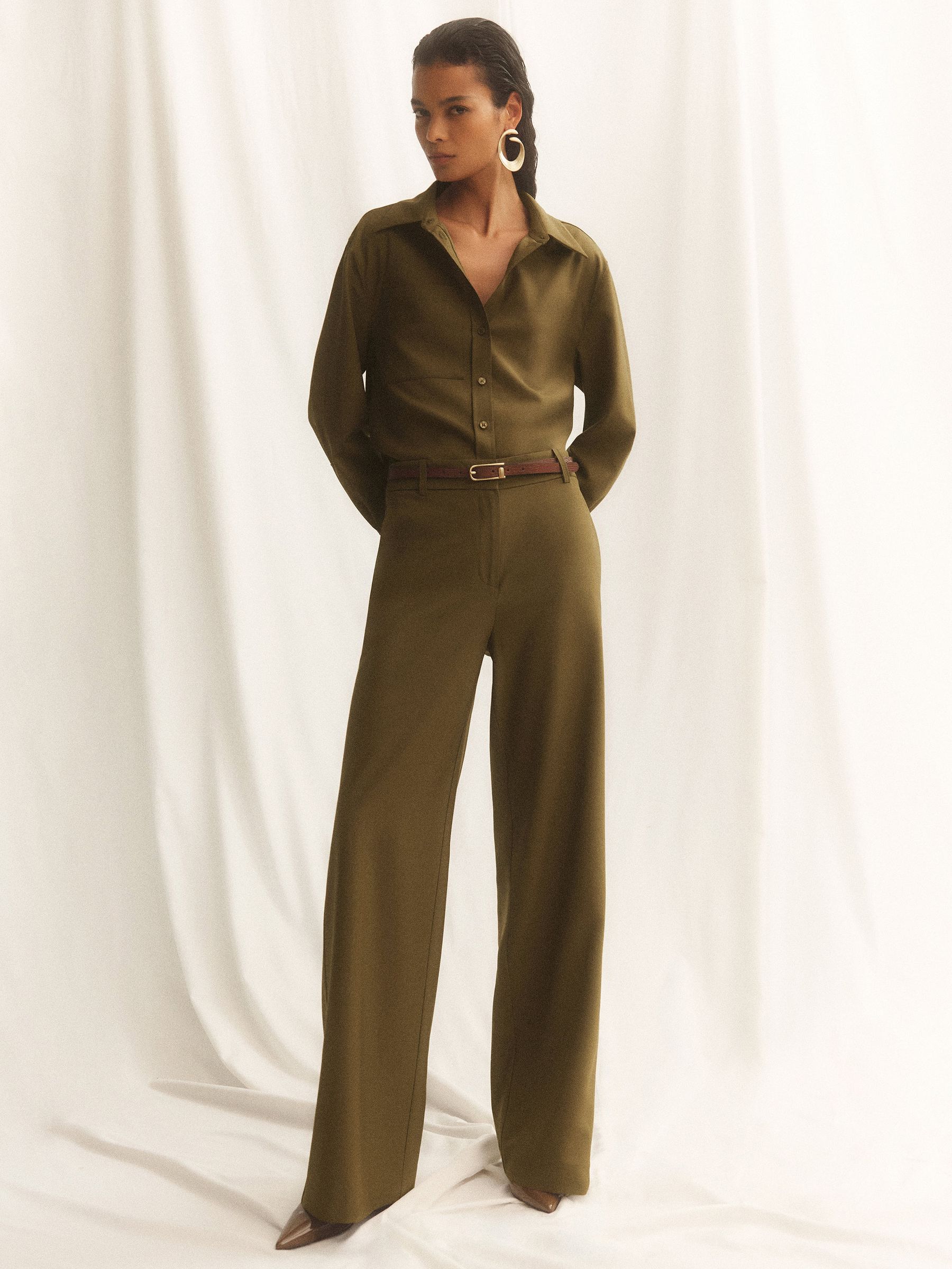 Wool-Blend Wide-Leg Trousers in Khaki - Image 1 of 7