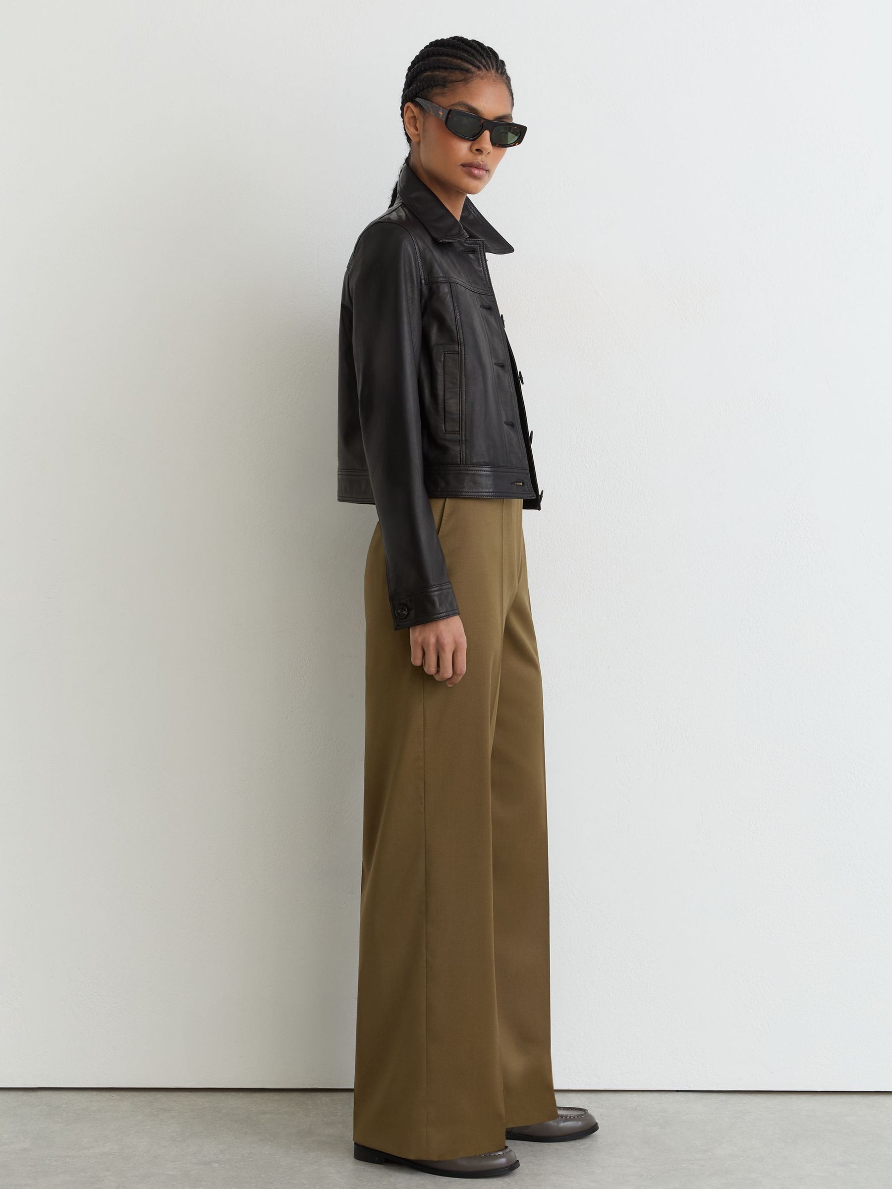 Wool-Blend Wide-Leg Trousers in Khaki - Image 3 of 7
