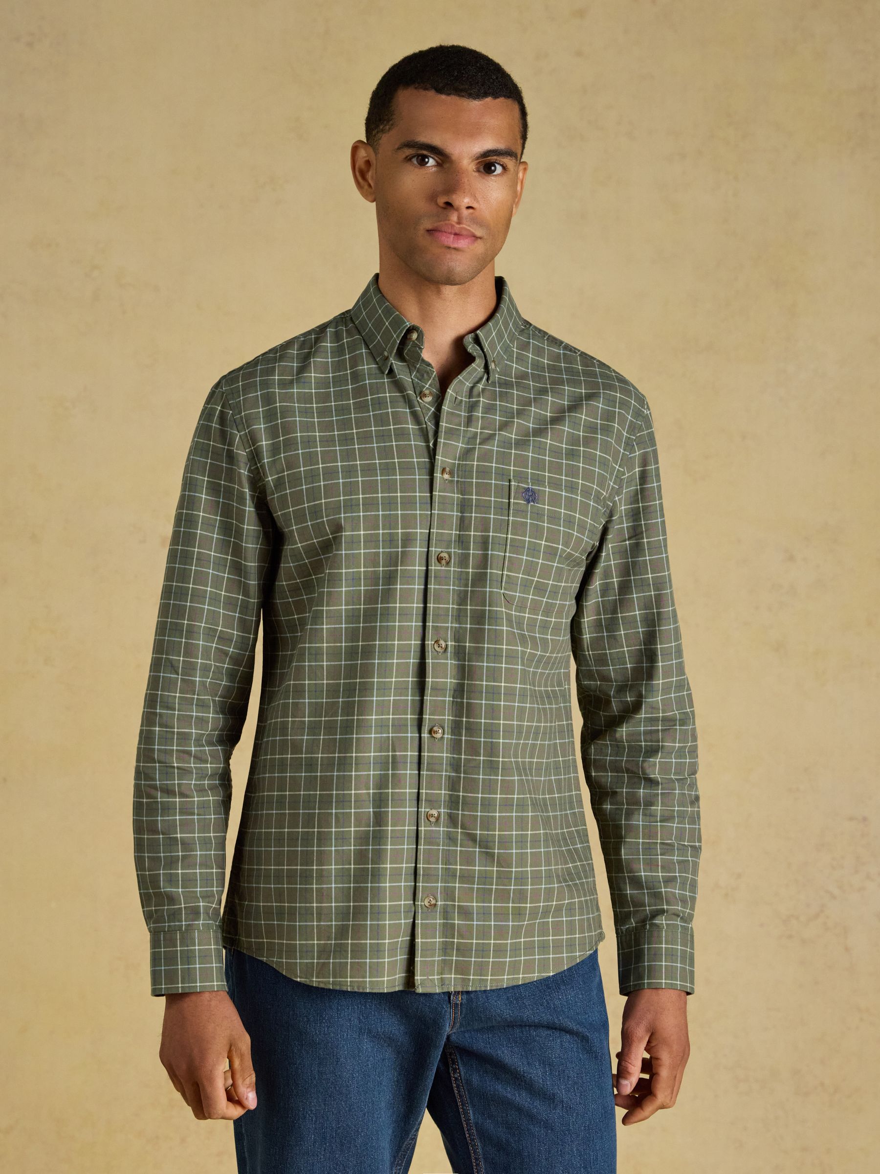 Khaki Green Checked Classic Fit Cotton Oxford Shirt - Image 1 of 11 Khaki Green Checked Classic Fit Cotton Oxford Shirt - Image 1 of 11