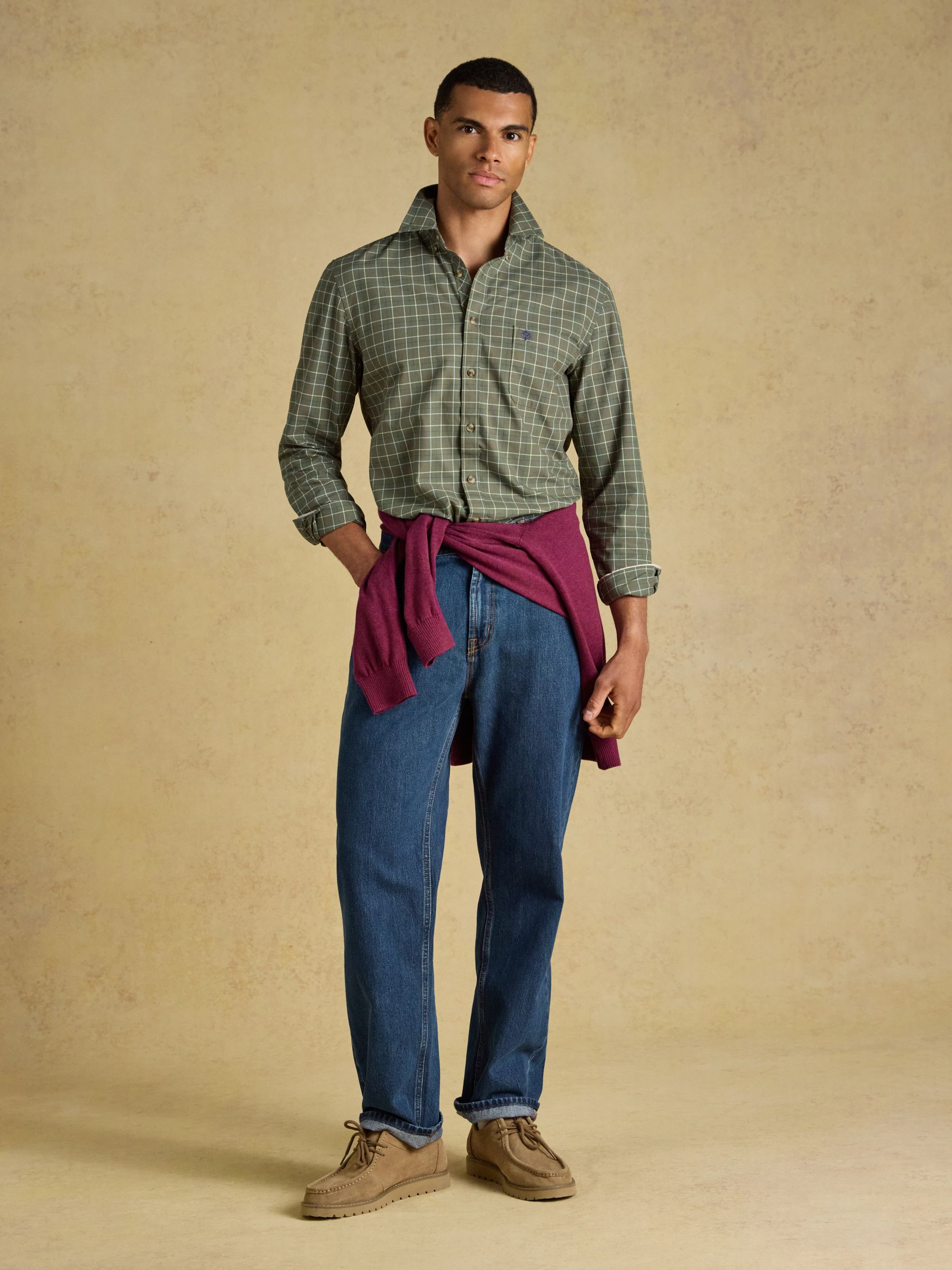 Khaki Green Checked Classic Fit Cotton Oxford Shirt - Image 5 of 11