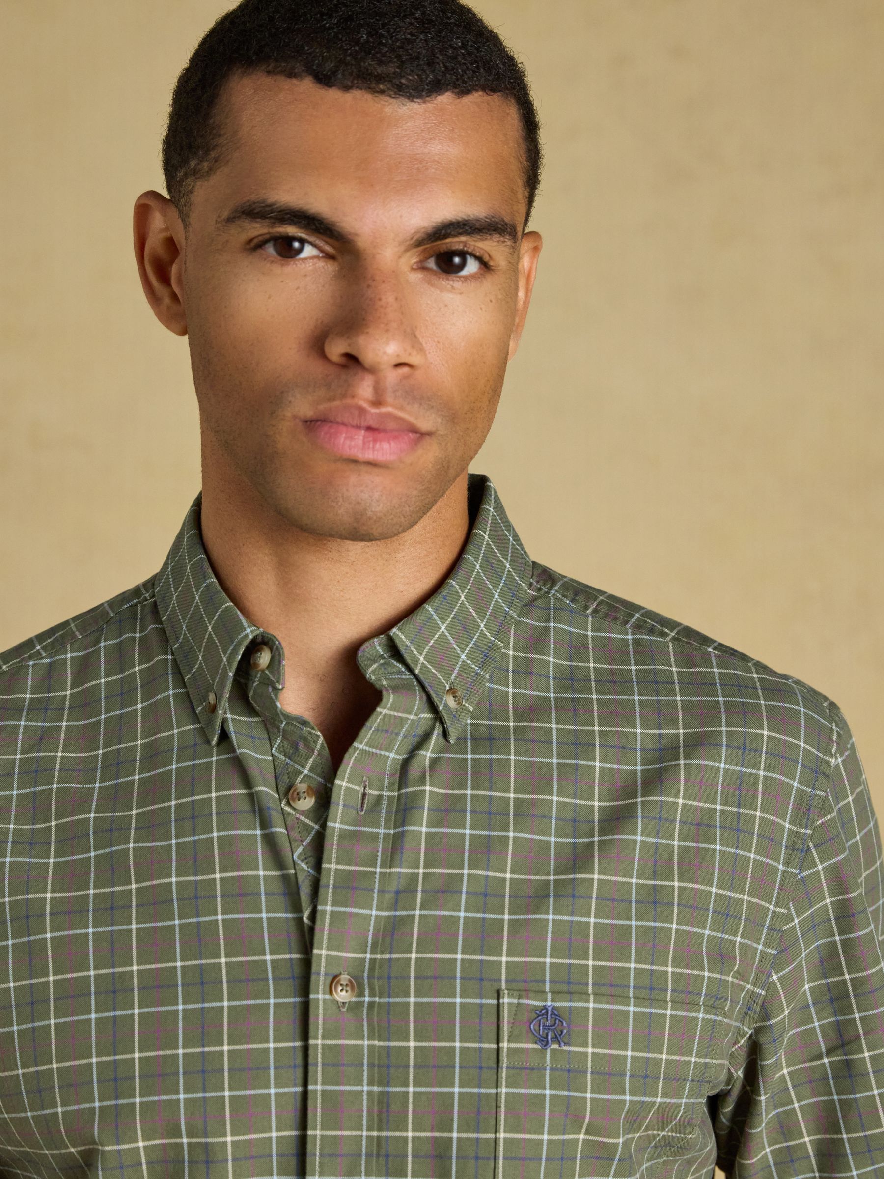 Khaki Green Checked Classic Fit Cotton Oxford Shirt - Image 6 of 11