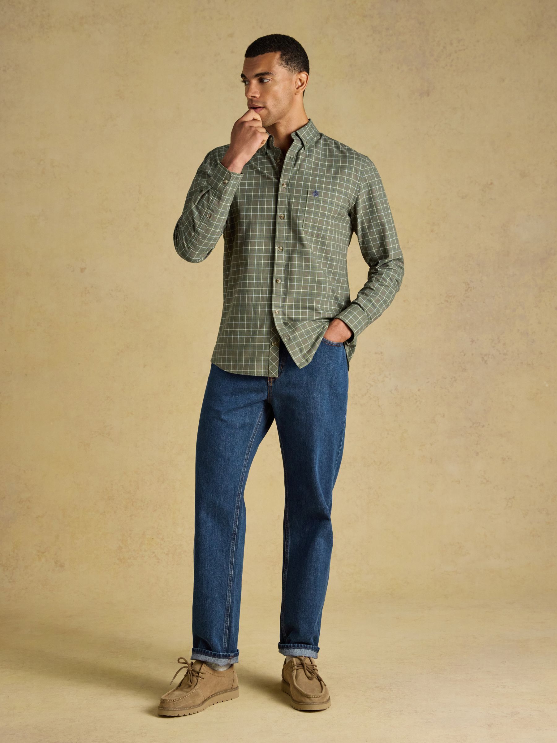 Khaki Green Checked Classic Fit Cotton Oxford Shirt - Image 8 of 11