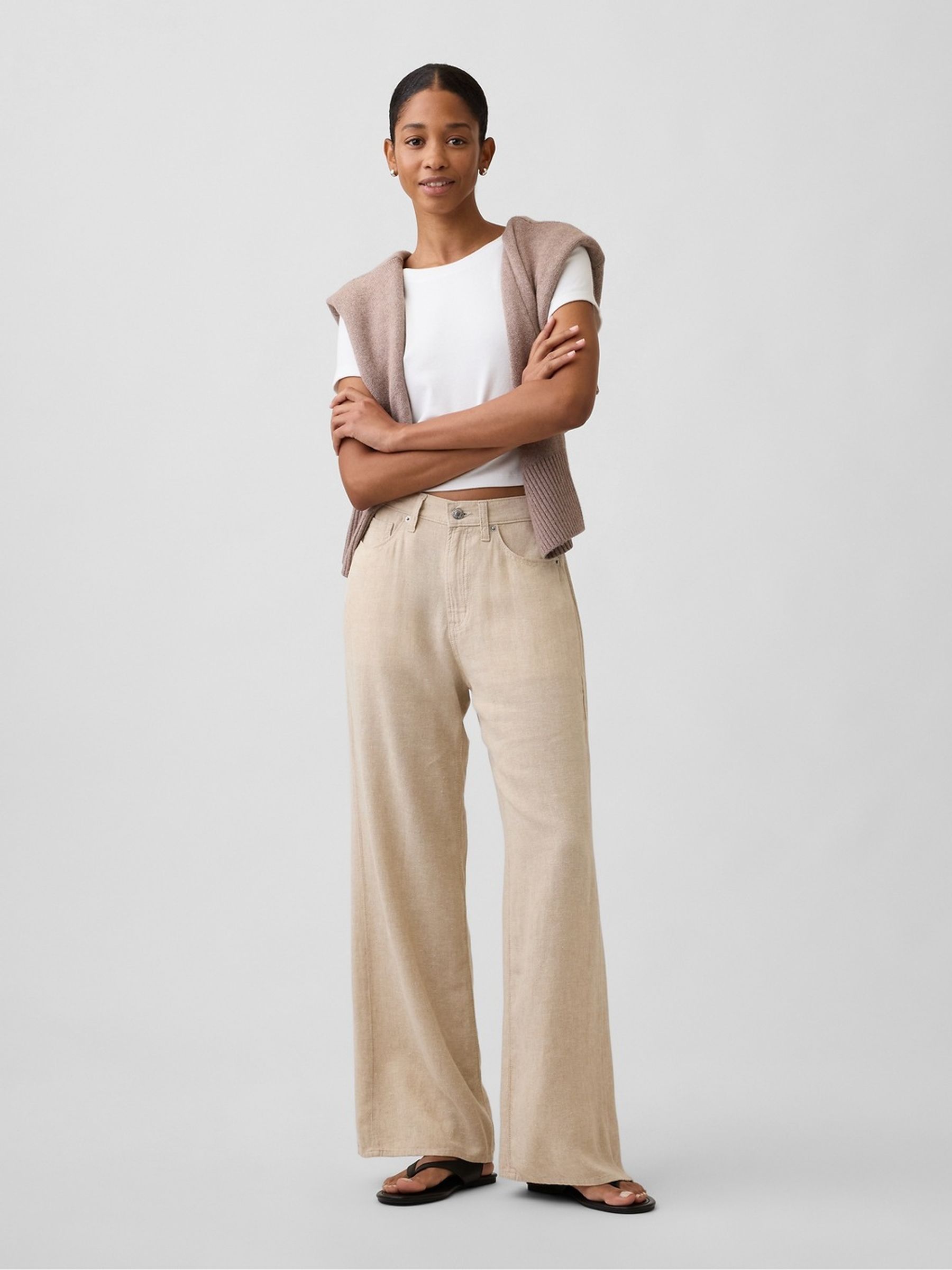 Beige High Waisted Linen-Blend Wide-Leg Trousers - Image 1 of 7