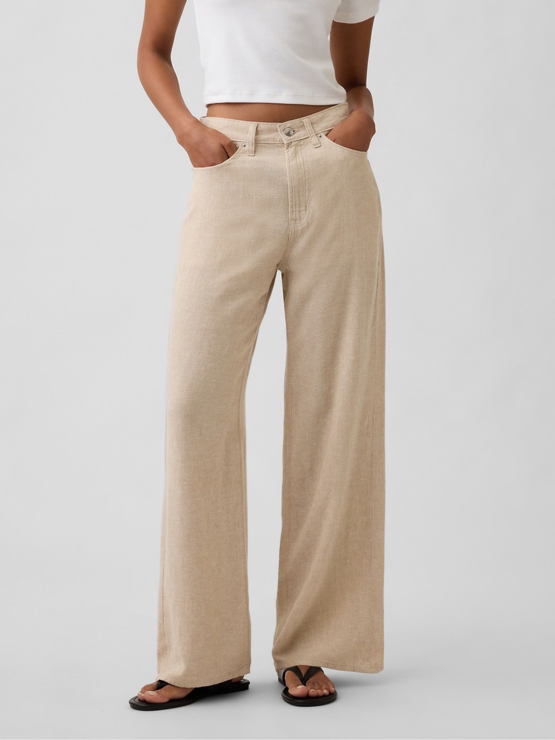 Beige High Waisted Linen-Blend Wide-Leg Trousers - Image 2 of 7