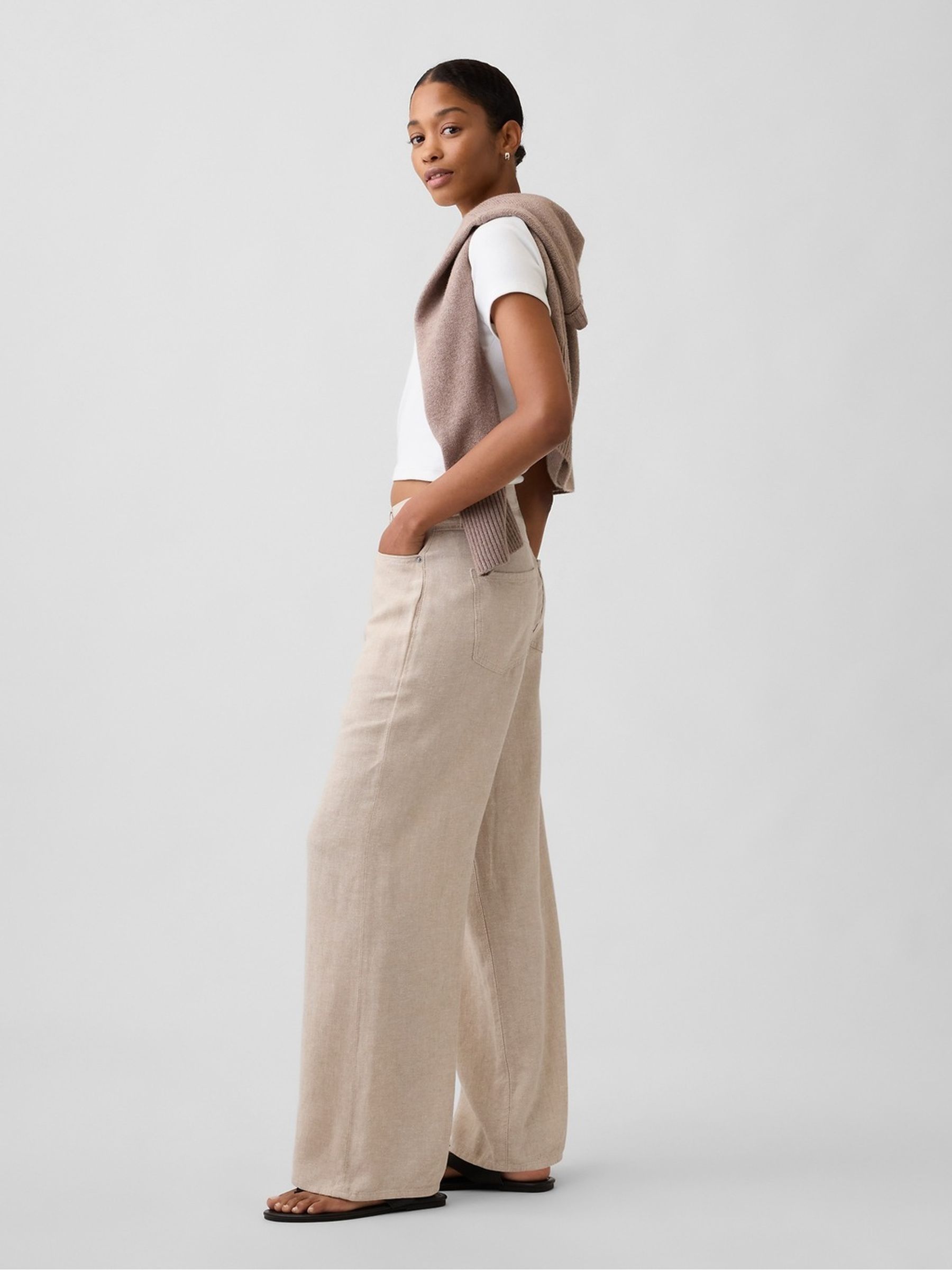 Beige High Waisted Linen-Blend Wide-Leg Trousers - Image 3 of 7