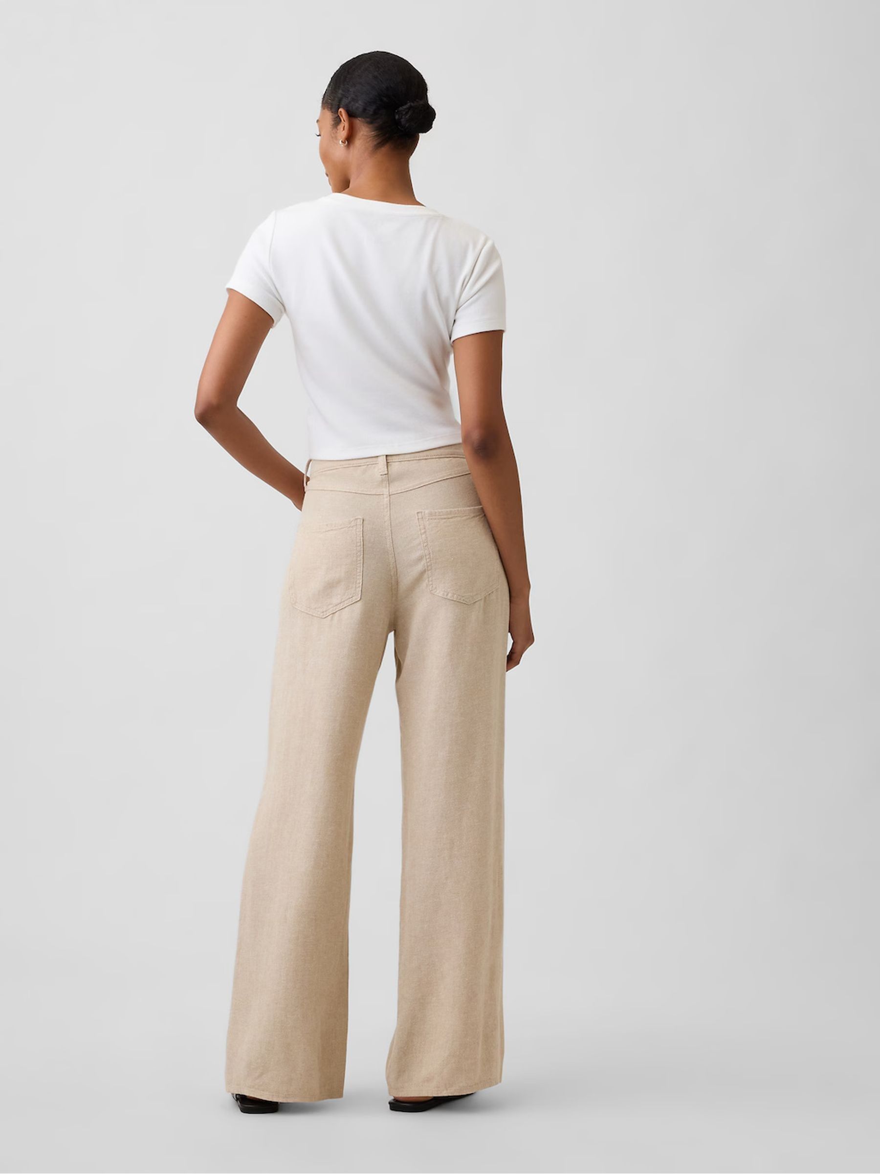 Beige High Waisted Linen-Blend Wide-Leg Trousers - Image 4 of 7