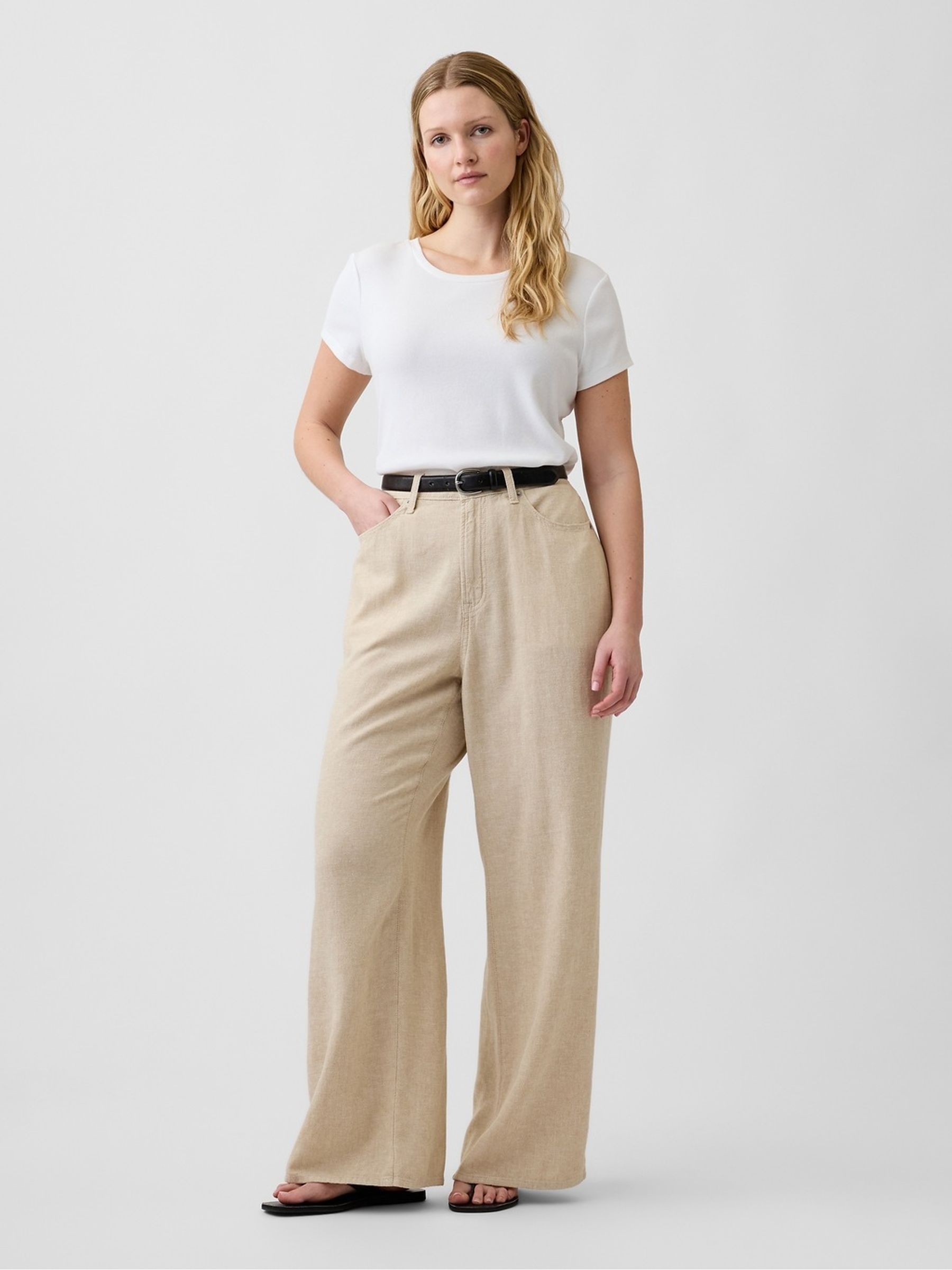 Beige High Waisted Linen-Blend Wide-Leg Trousers - Image 5 of 7
