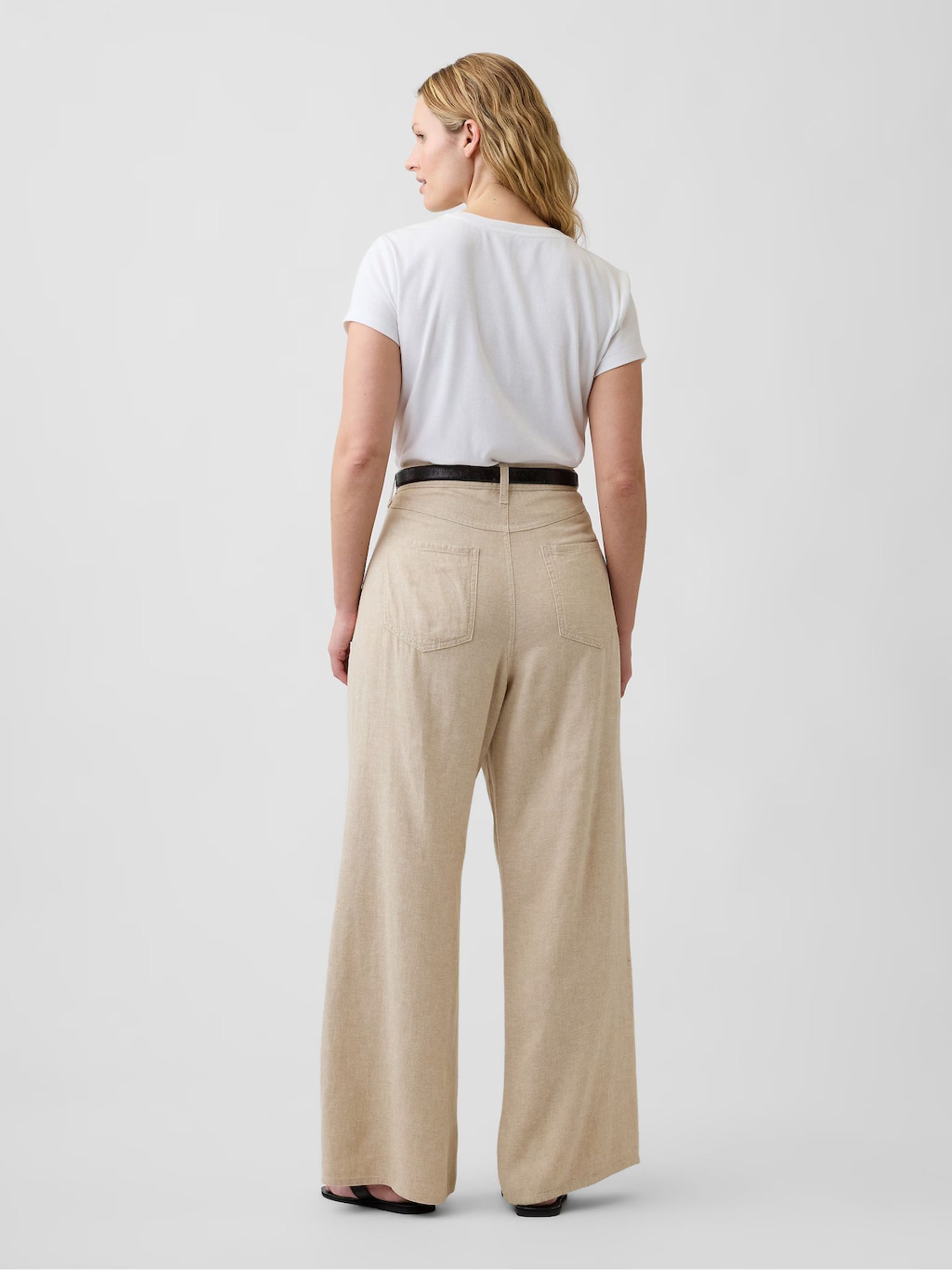 Beige High Waisted Linen-Blend Wide-Leg Trousers - Image 6 of 7