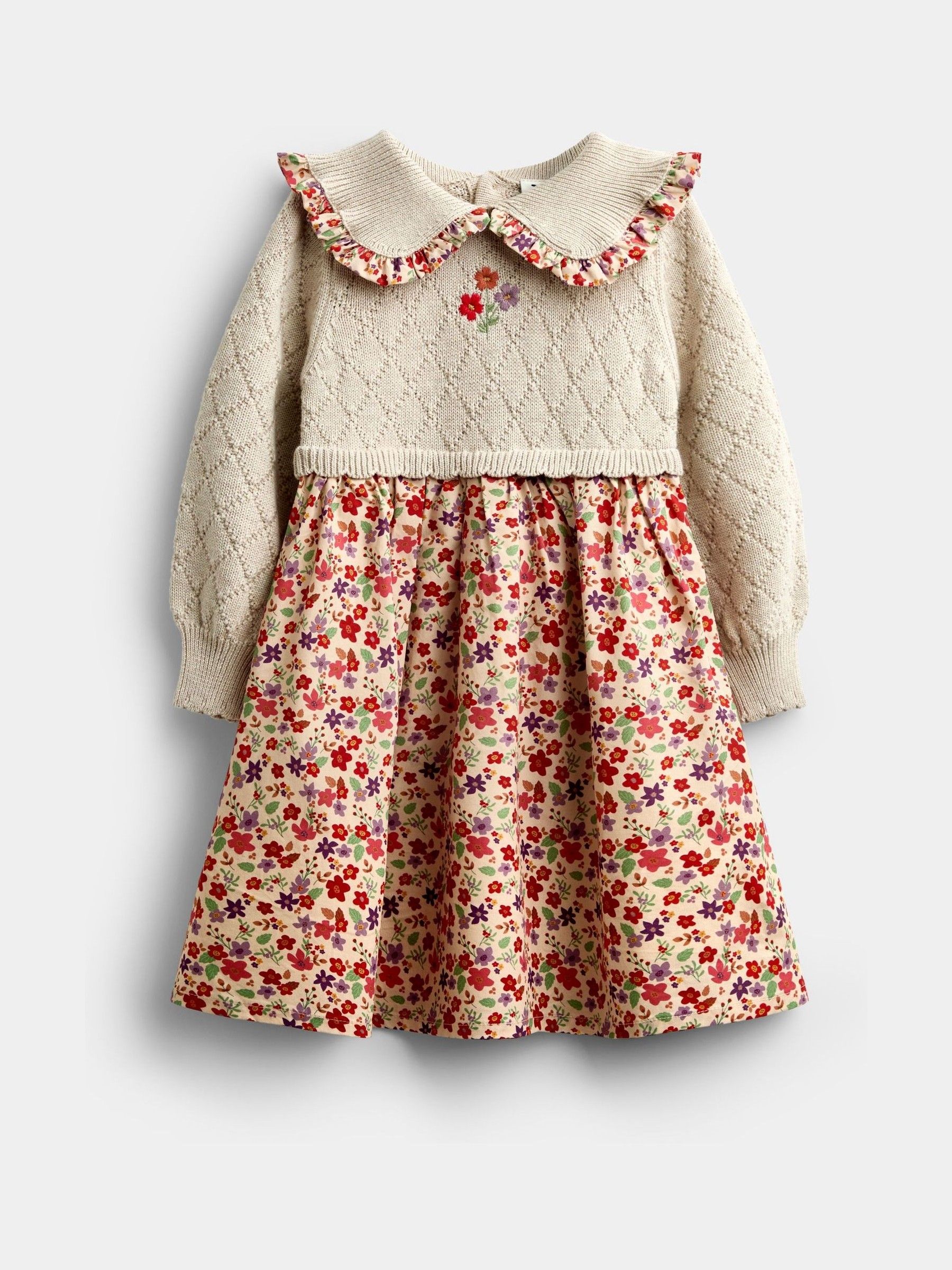 Natural Floral Knitted Collar Combo Dress - Image 1 of 4