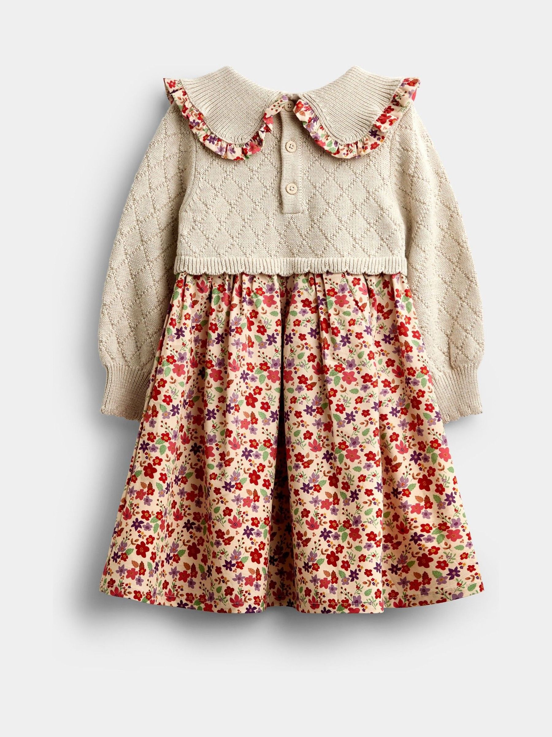 Natural Floral Knitted Collar Combo Dress - Image 2 of 4