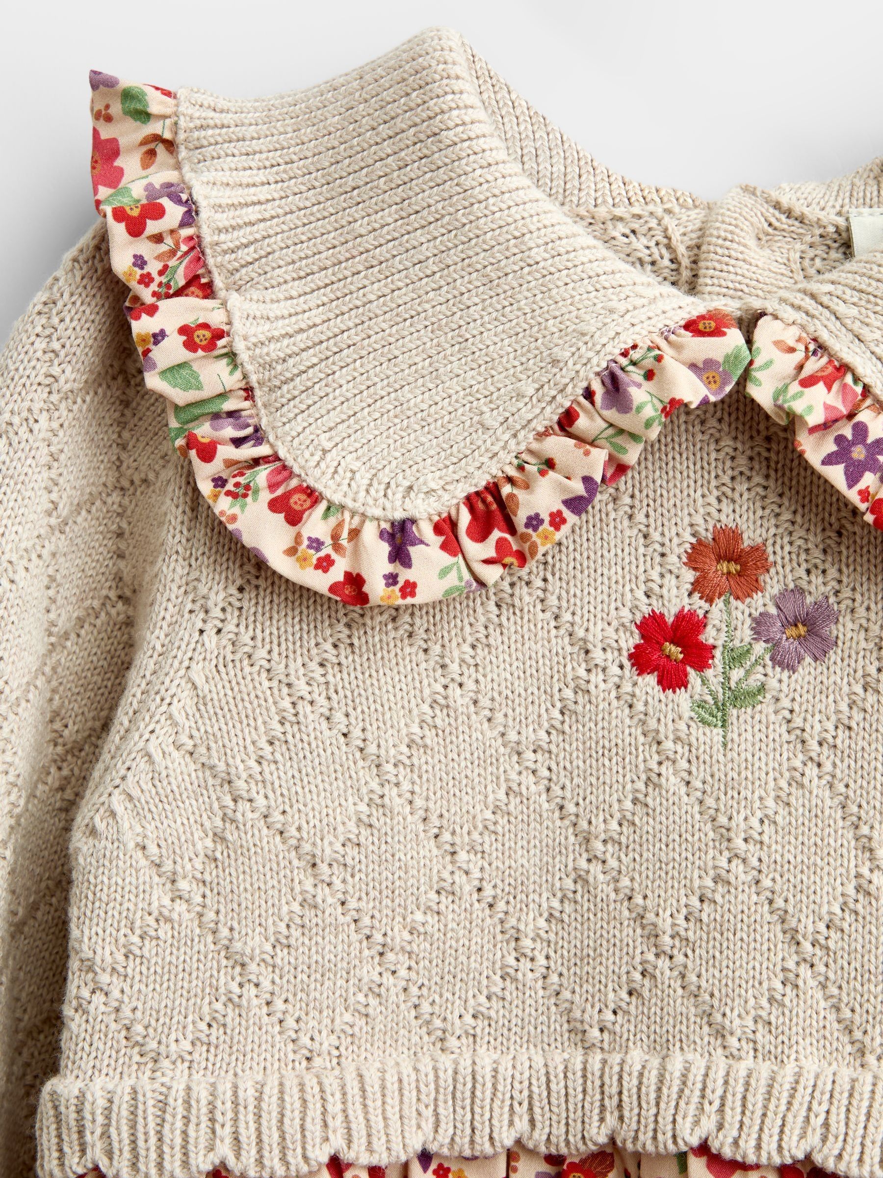 Natural Floral Knitted Collar Combo Dress - Image 3 of 4