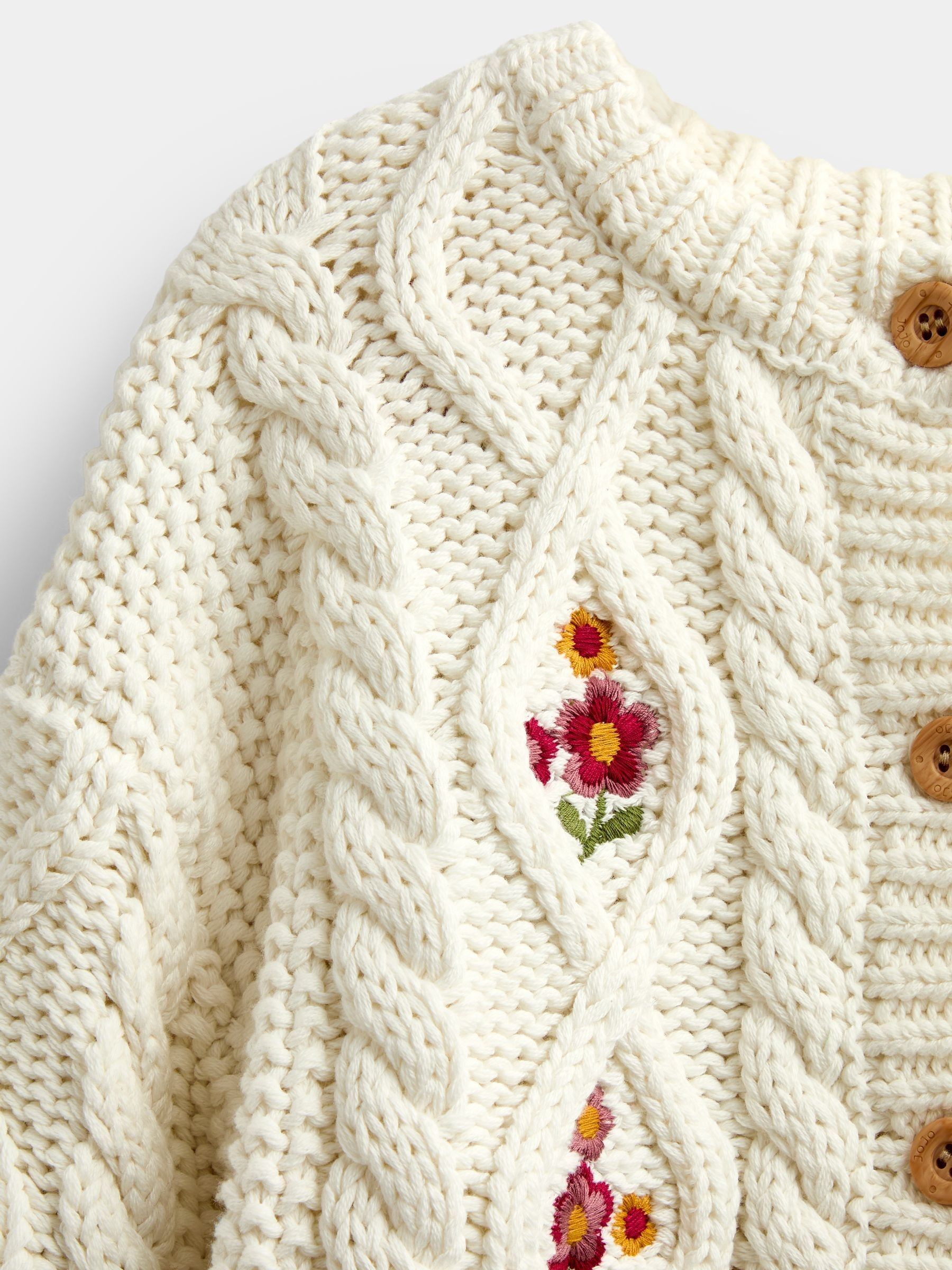 Cream Floral Embroidered Chunky Cable Knit Cardigan - Image 3 of 4