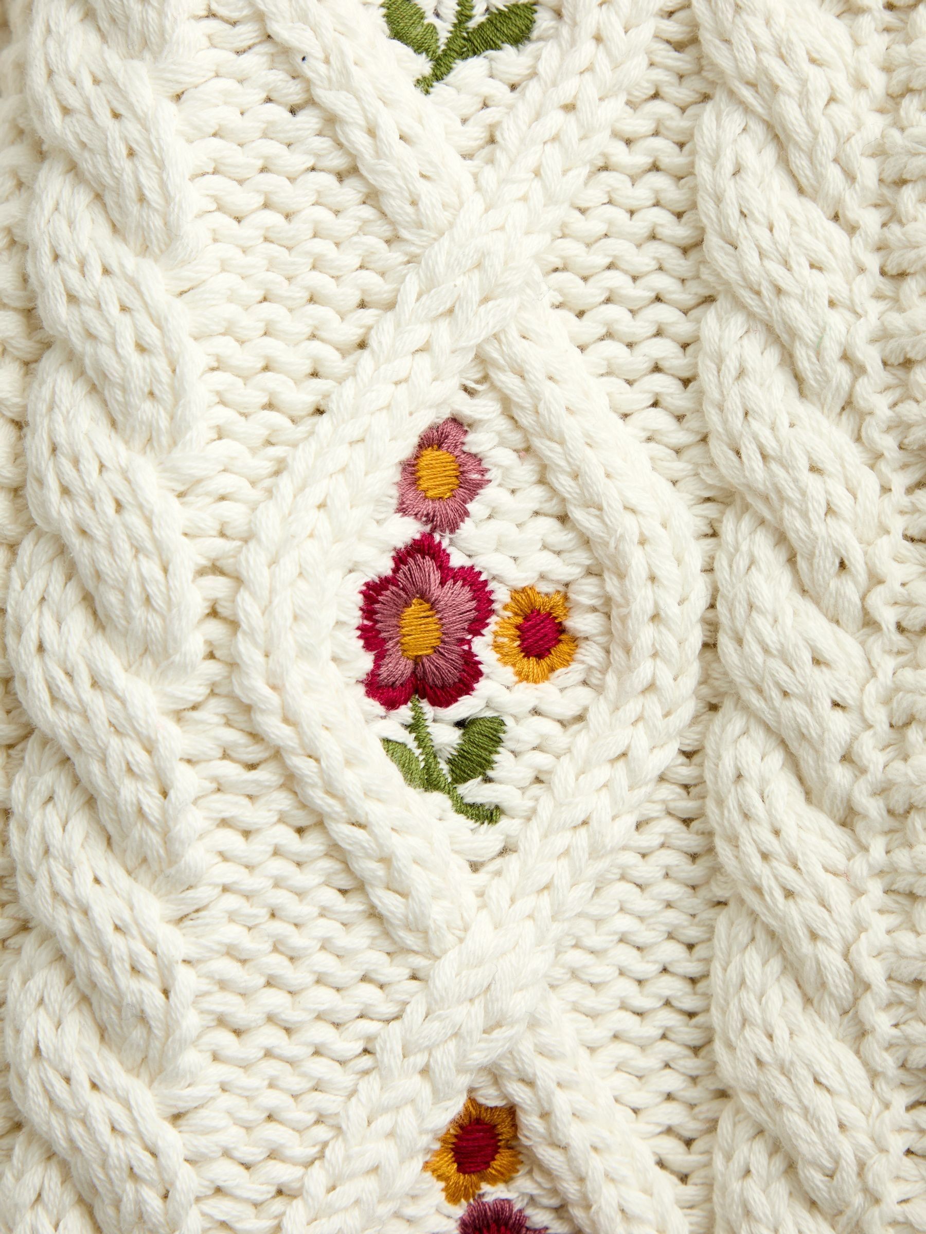 Cream Floral Embroidered Chunky Cable Knit Cardigan - Image 4 of 4