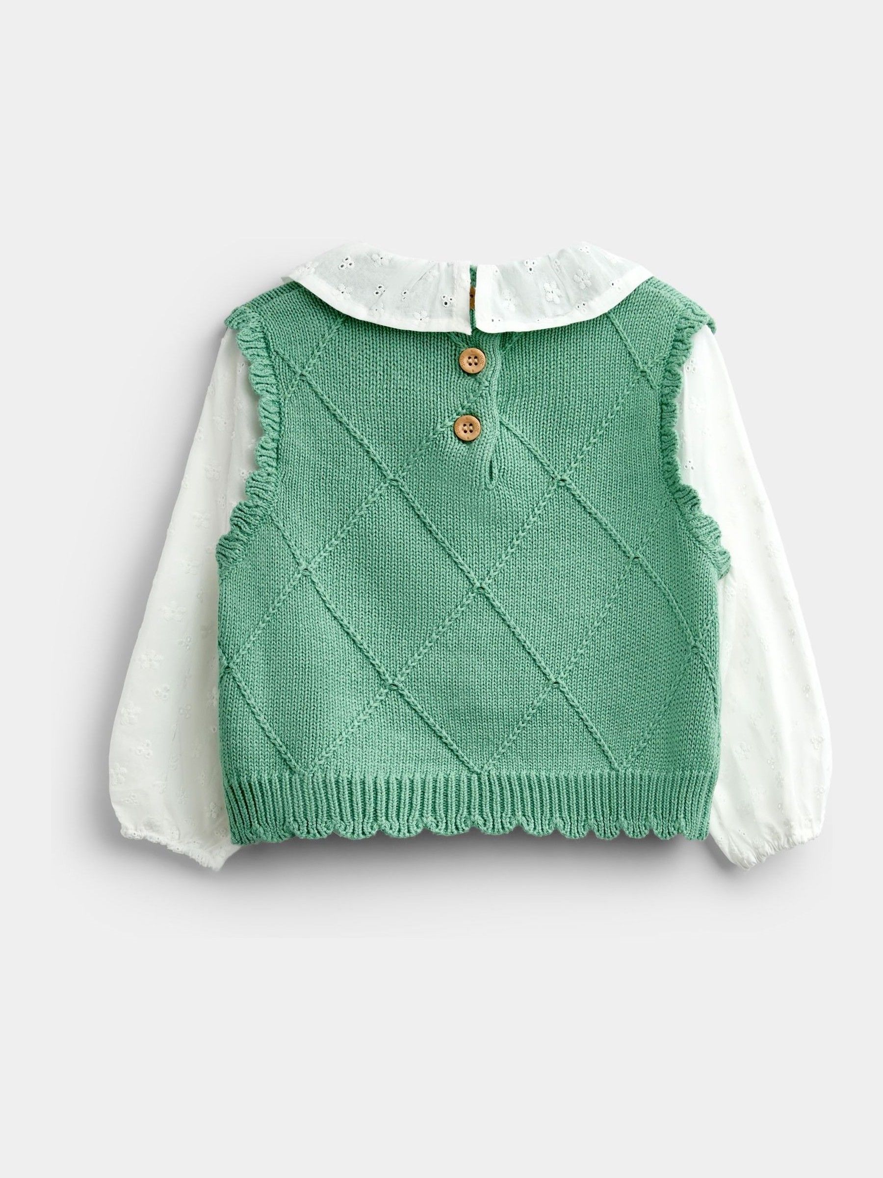 Sage Green Cherry Woven & Knit Embroidered Collar Top - Image 2 of 4