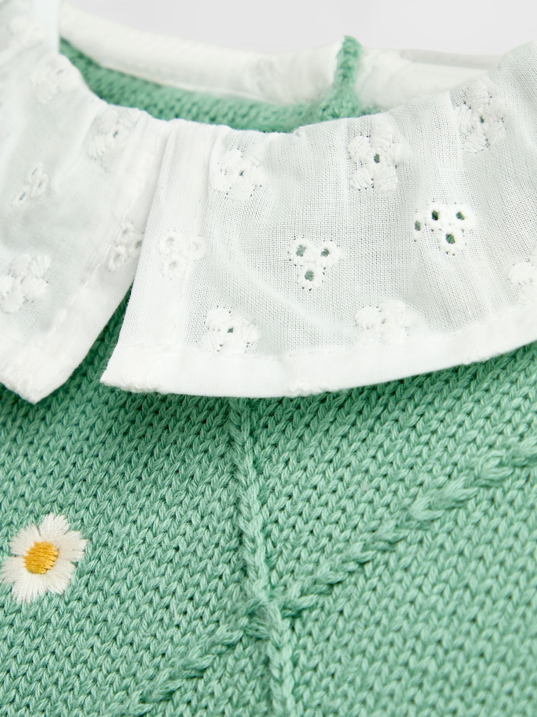 Sage Green Cherry Woven & Knit Embroidered Collar Top - Image 3 of 4