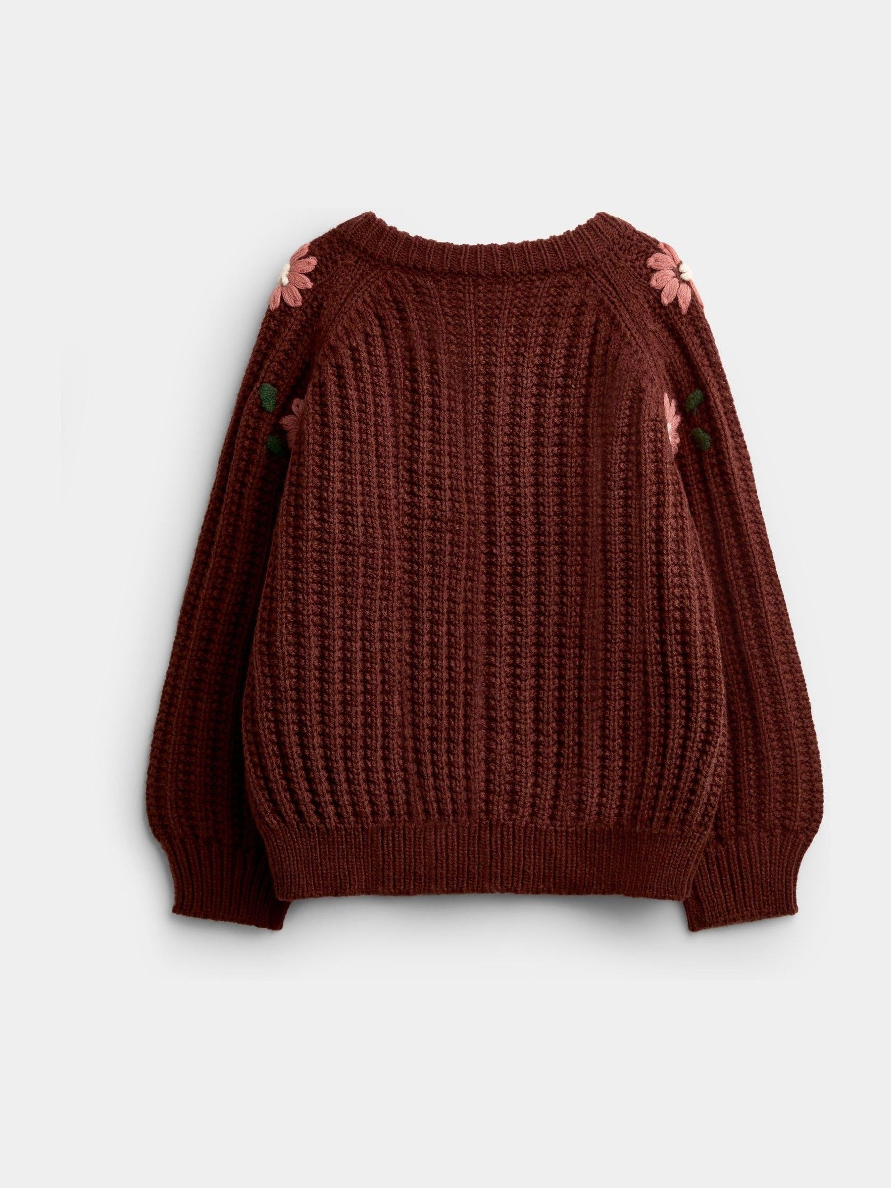 Mid Brown Floral Embroidered Rib Knit Cardigan - Image 2 of 4