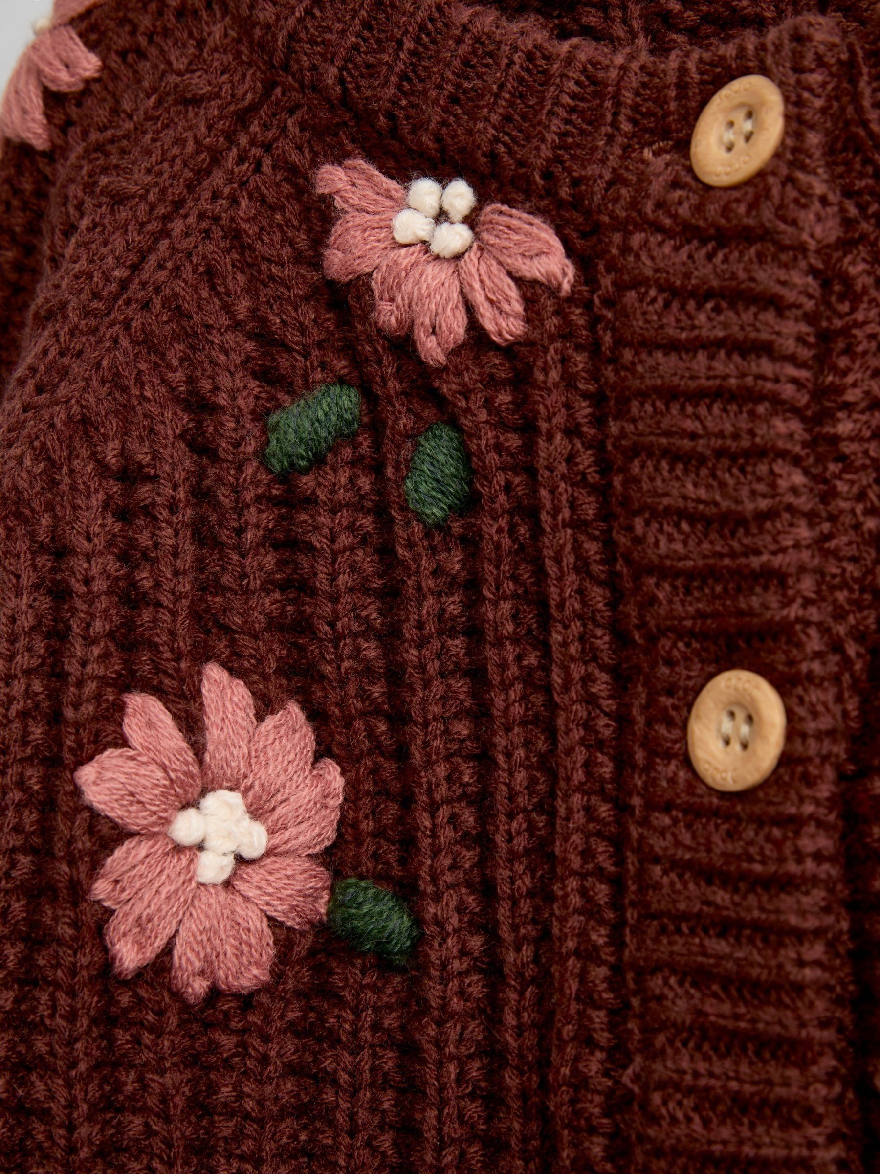 Mid Brown Floral Embroidered Rib Knit Cardigan - Image 3 of 4
