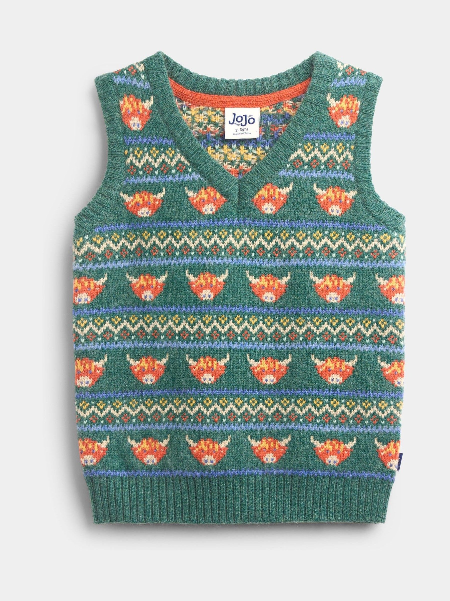 Khaki Green Highland Cow Fairisle Knitted Tank Top - Image 1 of 4